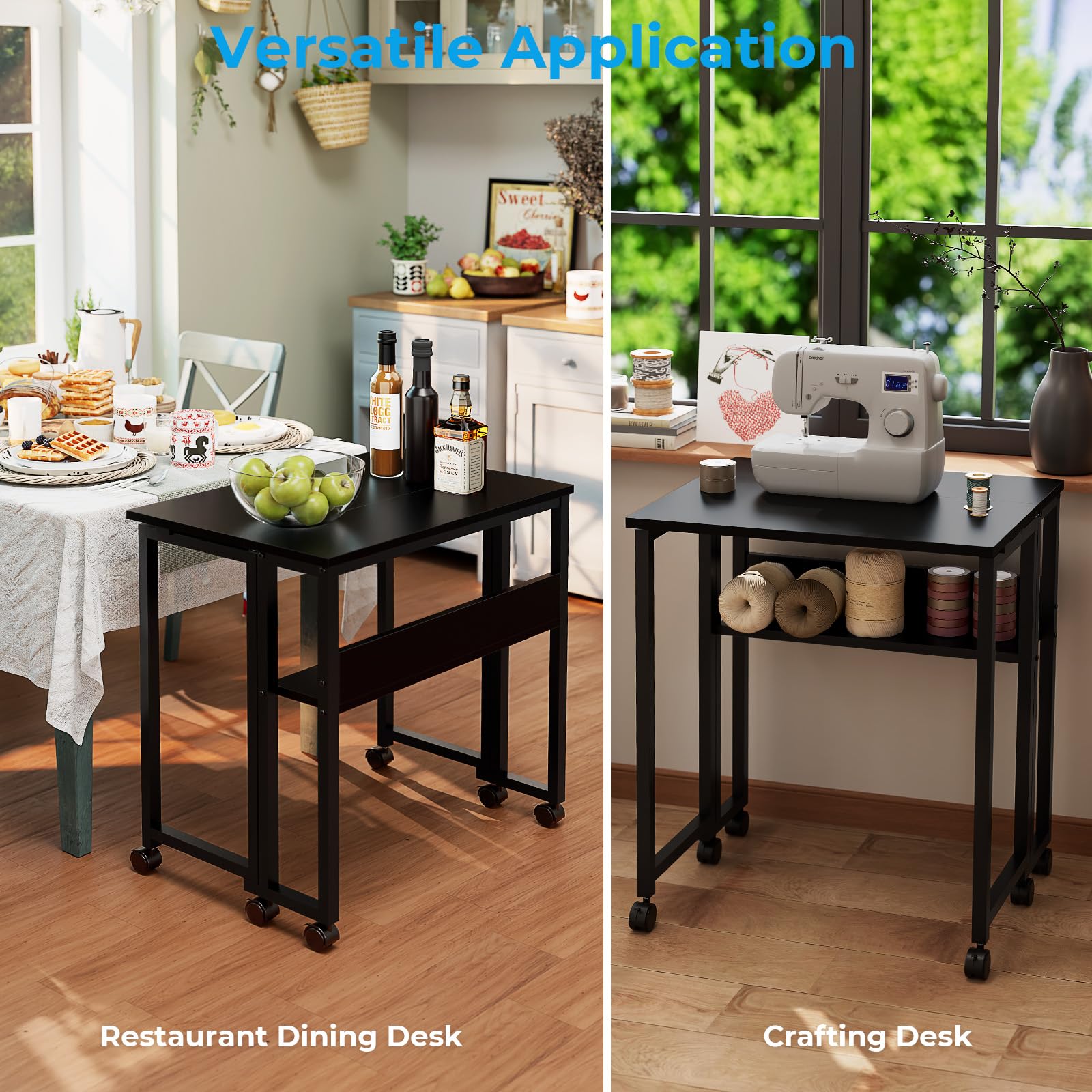Folding Desk with Wheels, 24.8 Inch Compact Rolling Computer Table with Storage Shelf, Portable Mobile Workstation for Small Spaces, Easy Assembly, Black