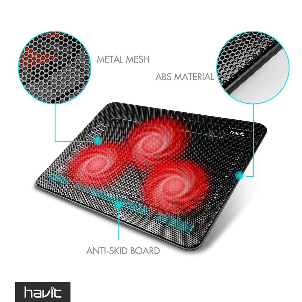 15.6-17 Inch Laptop Cooler Cooling Pad - Slim Portable USB Powered (3 Fans) (Black+Red)