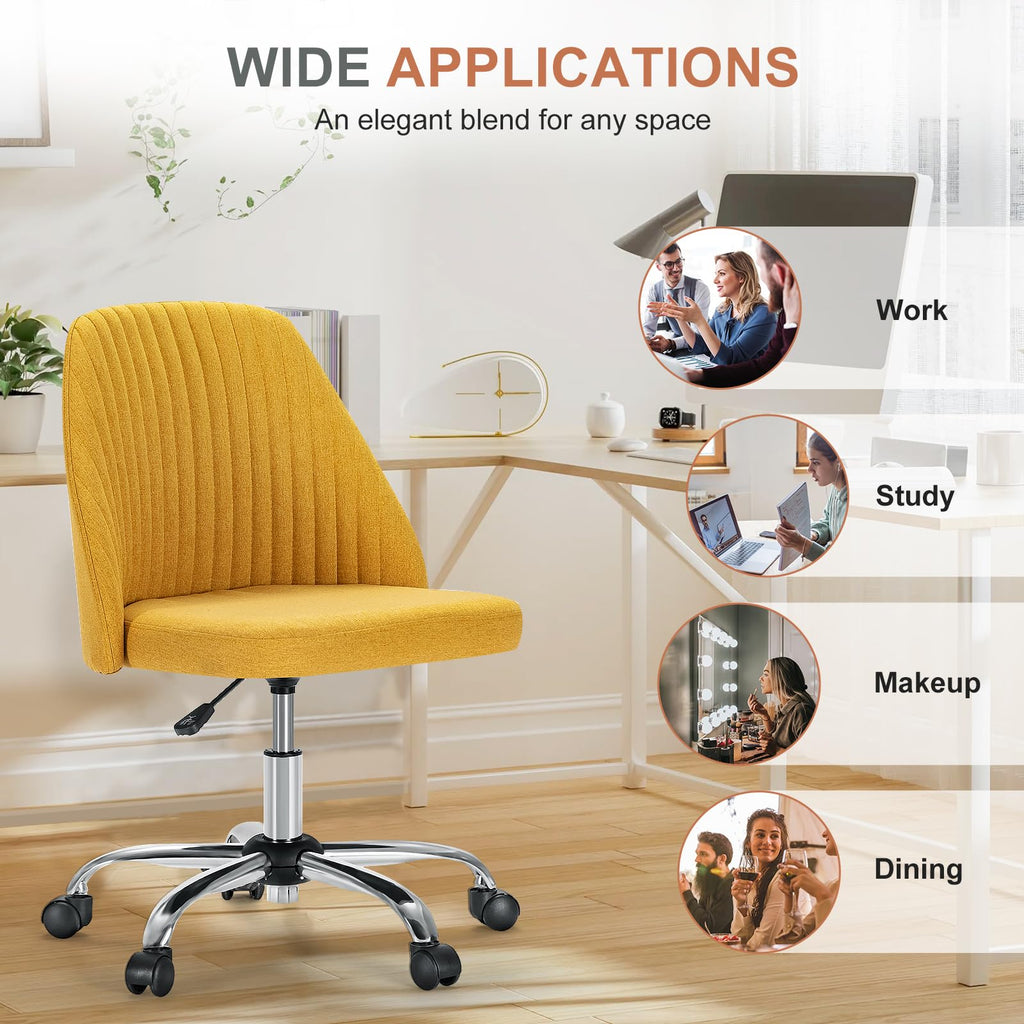 Office Chair, Comfy Desk Chair Rolling Vanity Swivel Task Chairs with Wheels, Wide Seating Armless Height Adjustable Computer Chairs for Home,Bedroom,Student,Adults, Dark Yellow