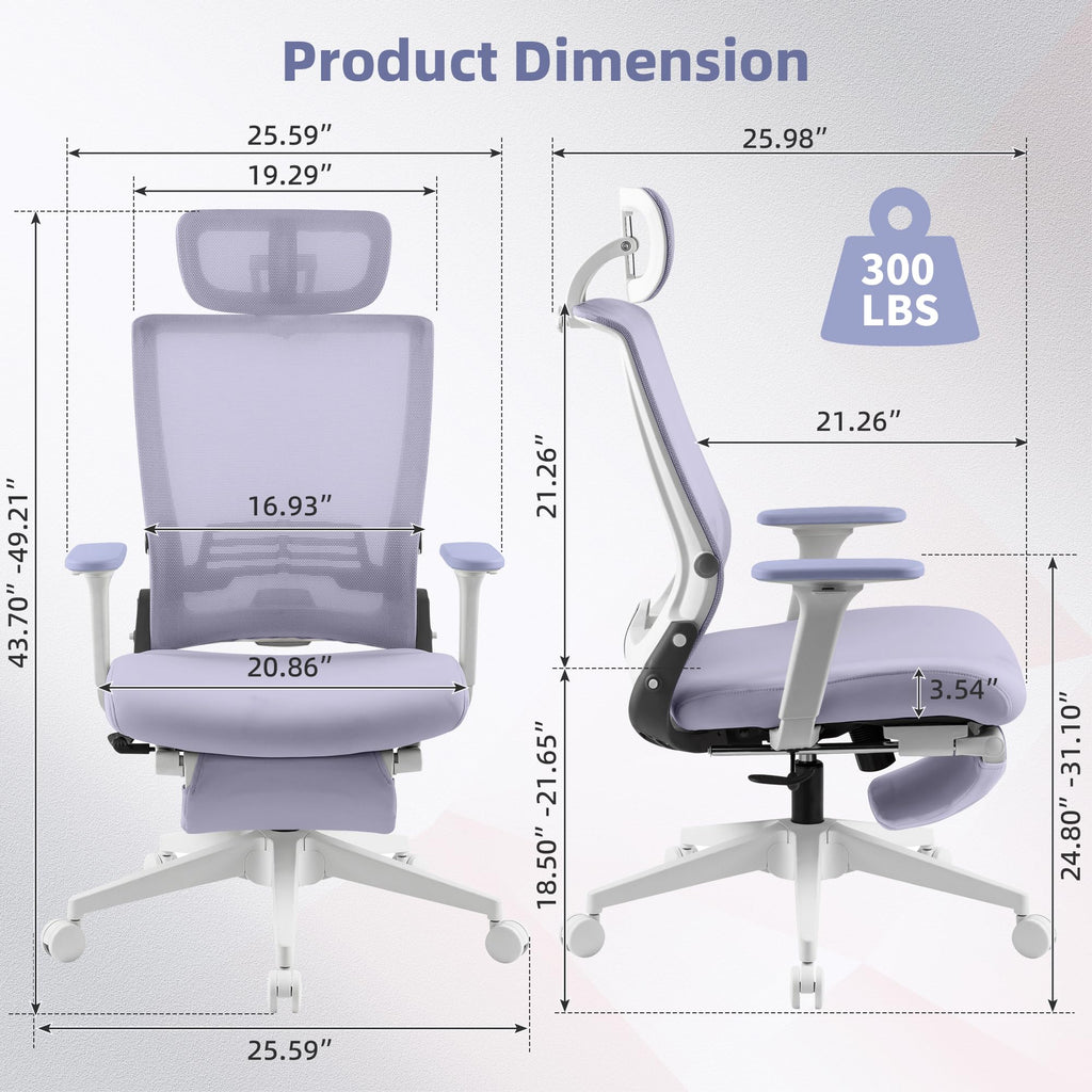 Foldable Office Chair with Foot Rest, Ergonomic Office Chair with Adjustable Lumbar Support, Headrest, Armrest, Home Office Desk Chair for Space Saving, Work from Home, Purple