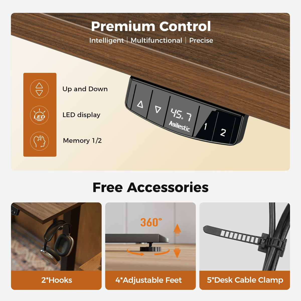 Electric Height Adjustable Standing Desk, 48 Inch, Dark Walnut