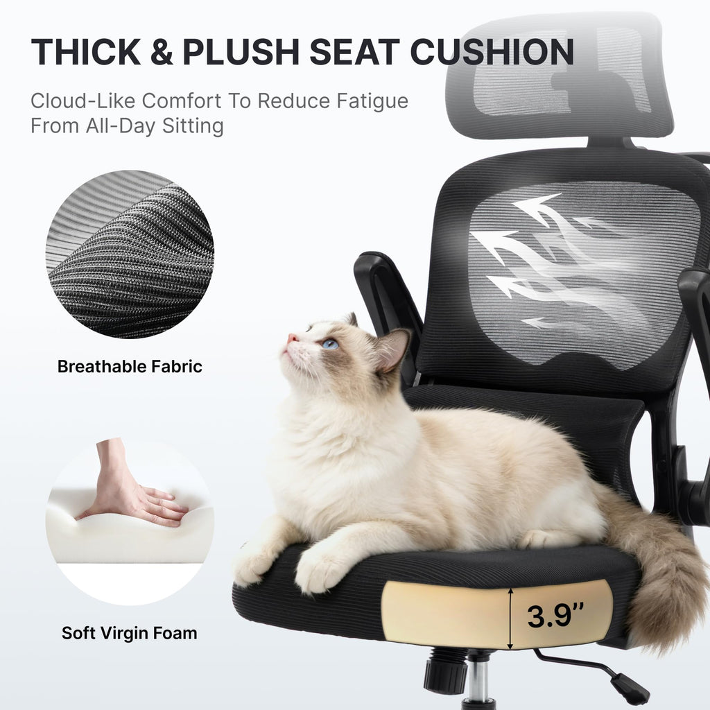 Ergonomic Mesh Office Chair,330LB Capacity High Back Desk Chair with Adjustable Lumbar Support, Adjustable Headrest & Flip-Up Arms,Breathable Computer Chair for Home Office,Work & Study,3pcs