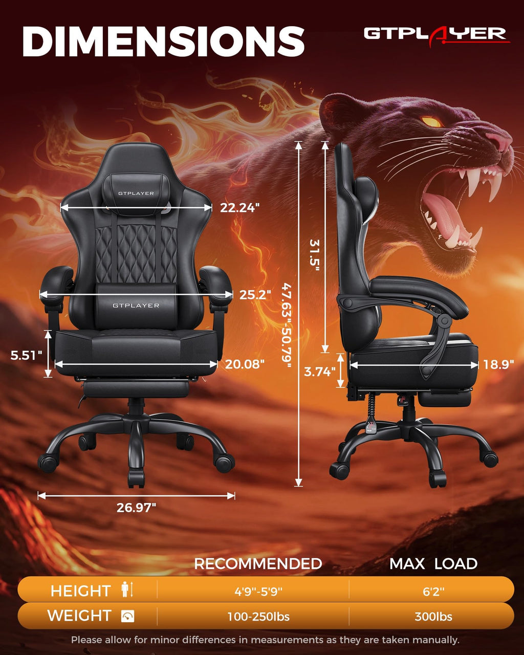 Big and Tall Gaming Chair with Footrest, Ergonomic Office Desk Chair with 4.4in Thick Cushion and Wide Wingless Seat, Comfortable Leather Computer Chair, Predator Series, Black with Trim