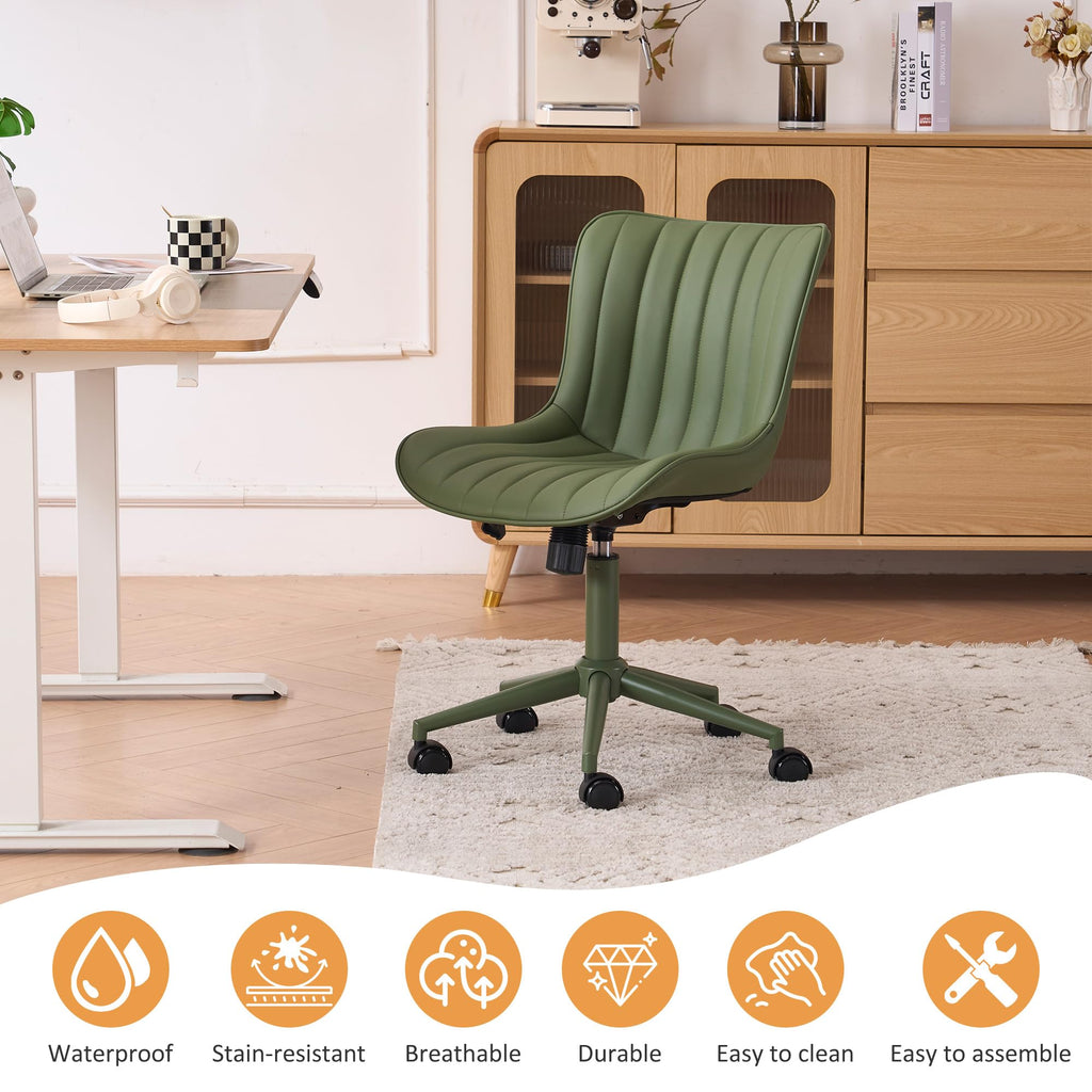 Home Office Desk Chair with Wheels Armless Vanity Chair with Back Comfy Modern Leather Upholstered Rolling Task Chair Swivel Small Cute Sewing Chair No Arms Wide Adjustable Sage Green