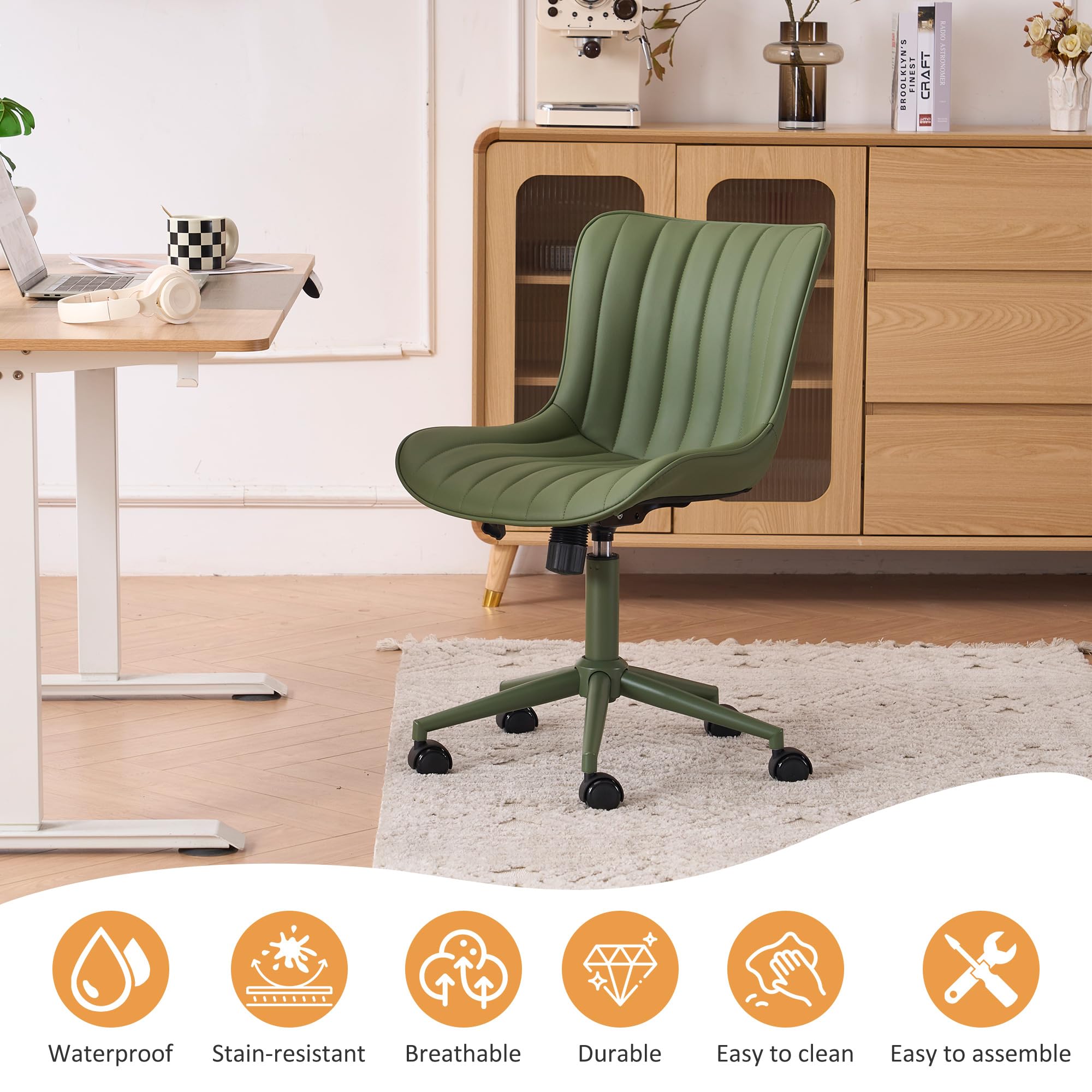 Home Office Desk Chair with Wheels Armless Vanity Chair with Back Comfy Modern Leather Upholstered Rolling Task Chair Swivel Small Cute Sewing Chair No Arms Wide Adjustable Sage Green