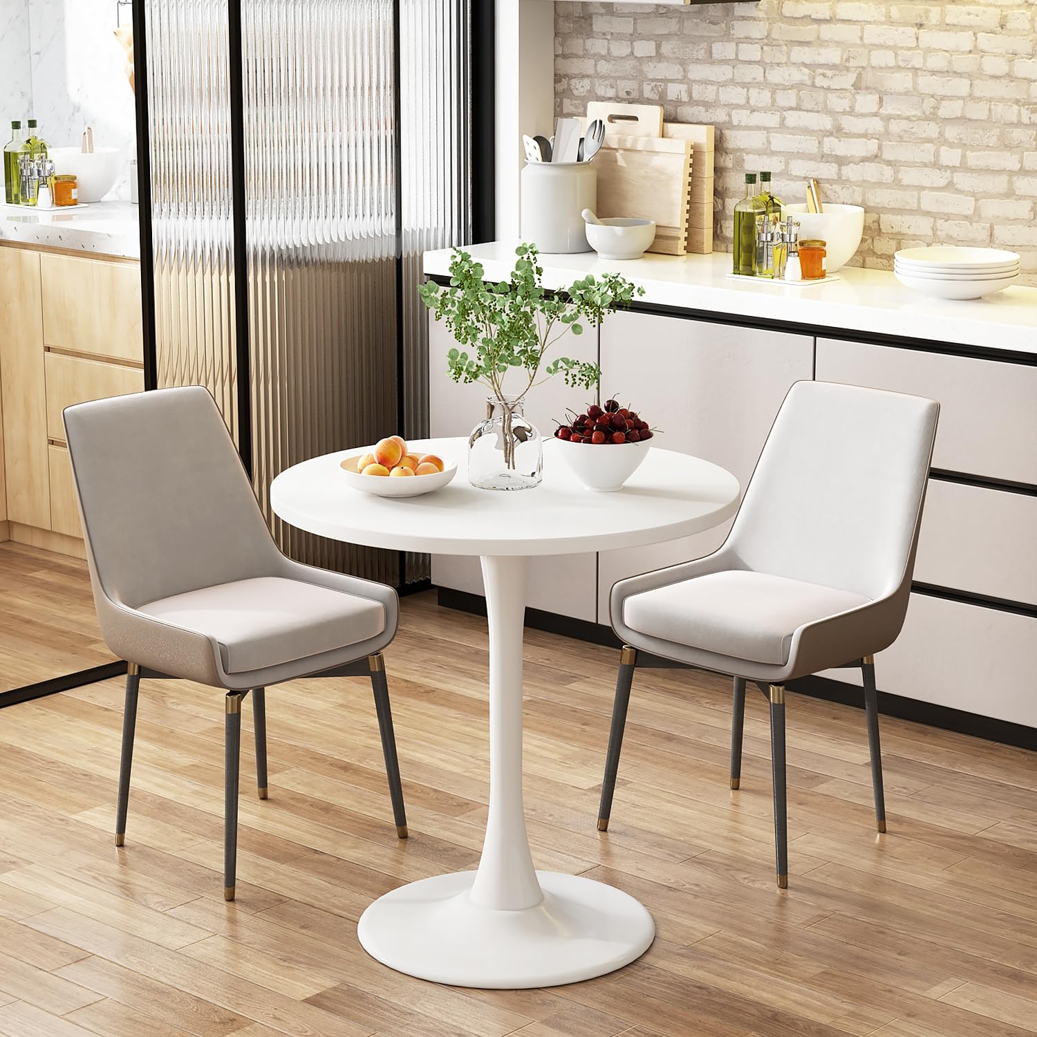 Kasinali Round Dining Table 24" Circle Tulip Table with Wood Thickened Tabletop & Sturdy Metal Pedestal Mid Century Modern Leisure Bistro Kitchen Tables 2 People Small Places Living Room Cafe,White
