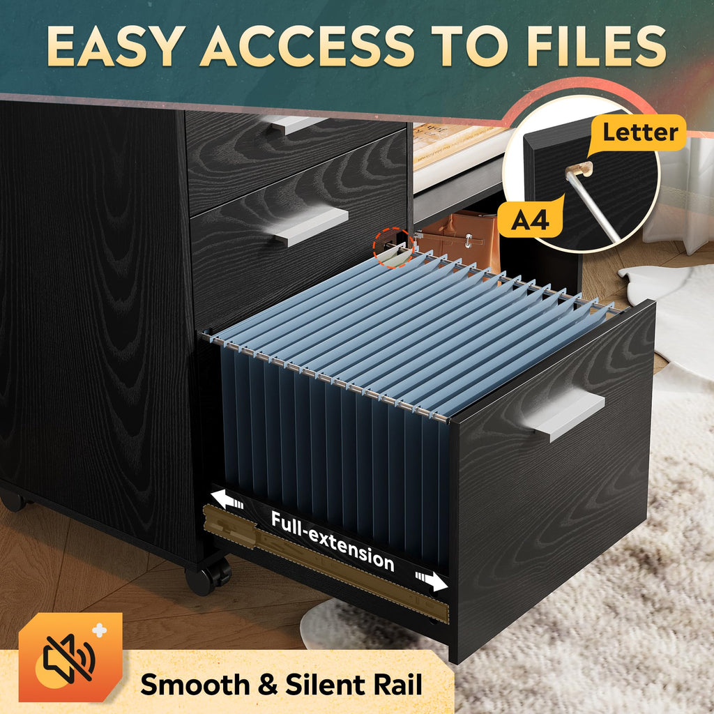 Wood File Cabinet, 3 Drawer Lateral Filing Cabinet Black