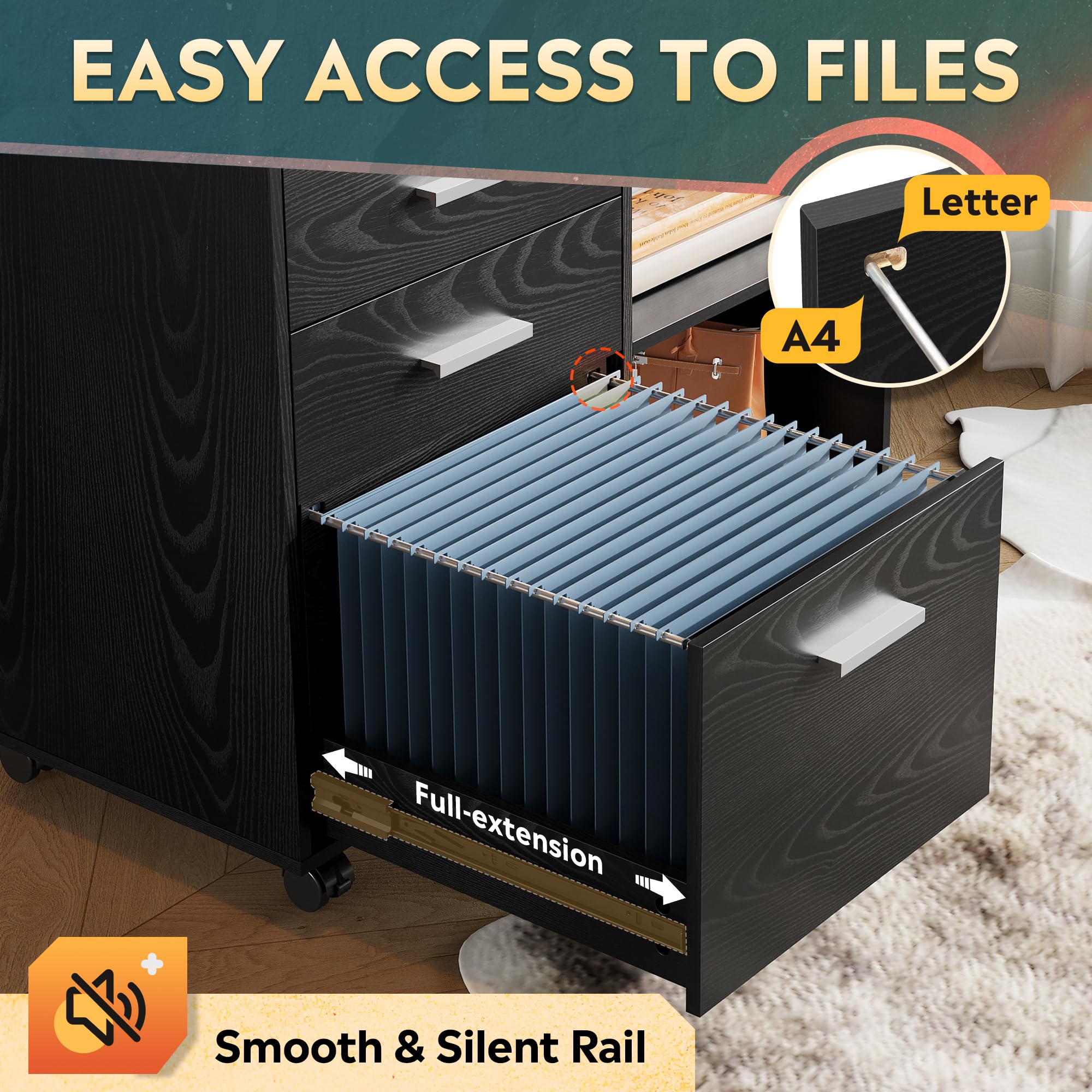Wood File Cabinet, 3 Drawer Lateral Filing Cabinet Black