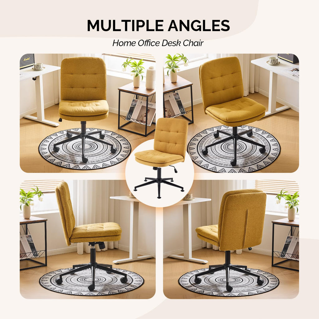 Mid Back Armless Office Desk Chair with Wheels/no Wheels,360°Rocking Swivel Vanity Chair with Thickened Cushion,Adjustable Height Rolling for Reading Room, Make up, Linen Ginger Yellow