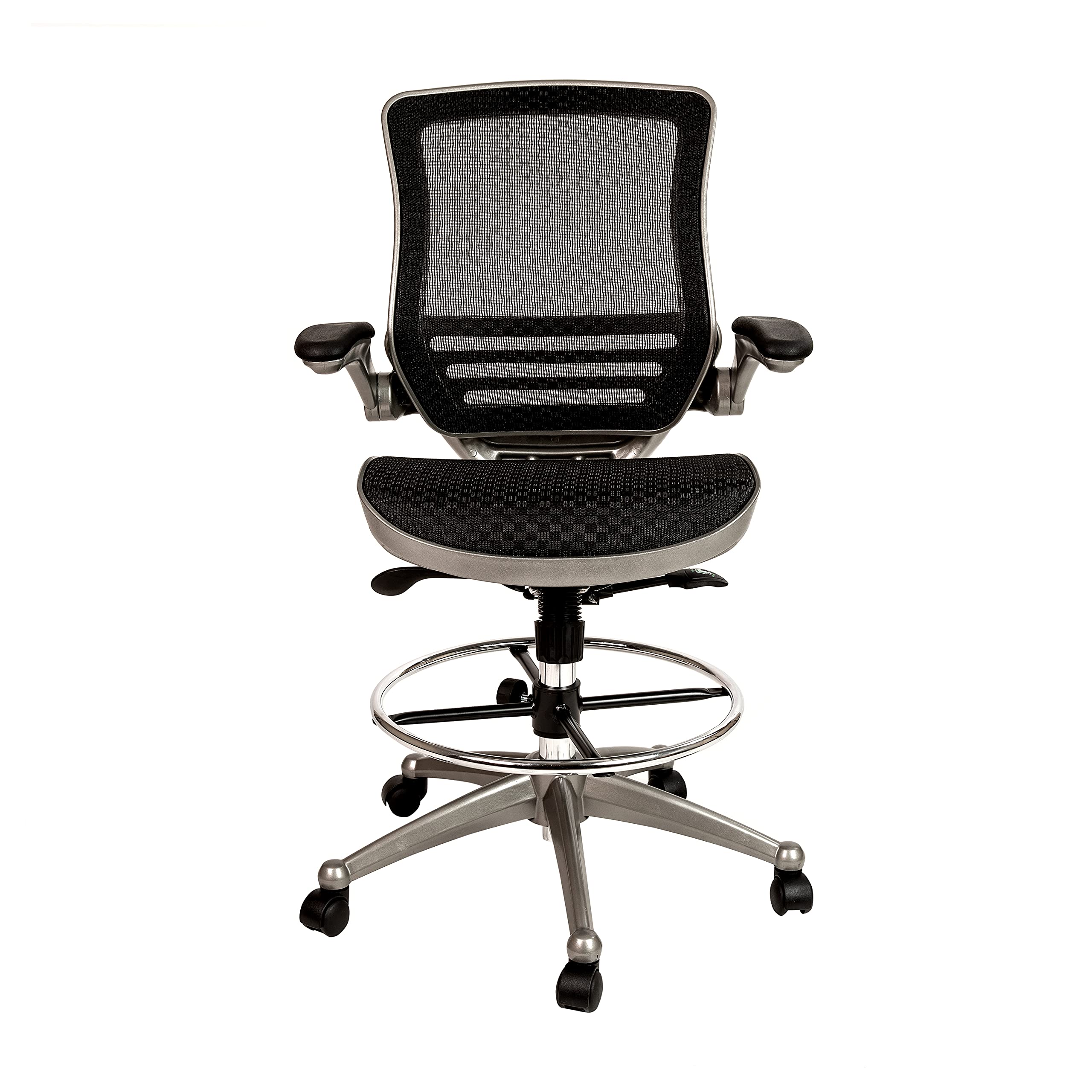 Mid-Back Swivel Office Chair with Adjustable Foot Ring and Seat Height, Ergonomic Mesh Chair with Armrests, Black/Silver