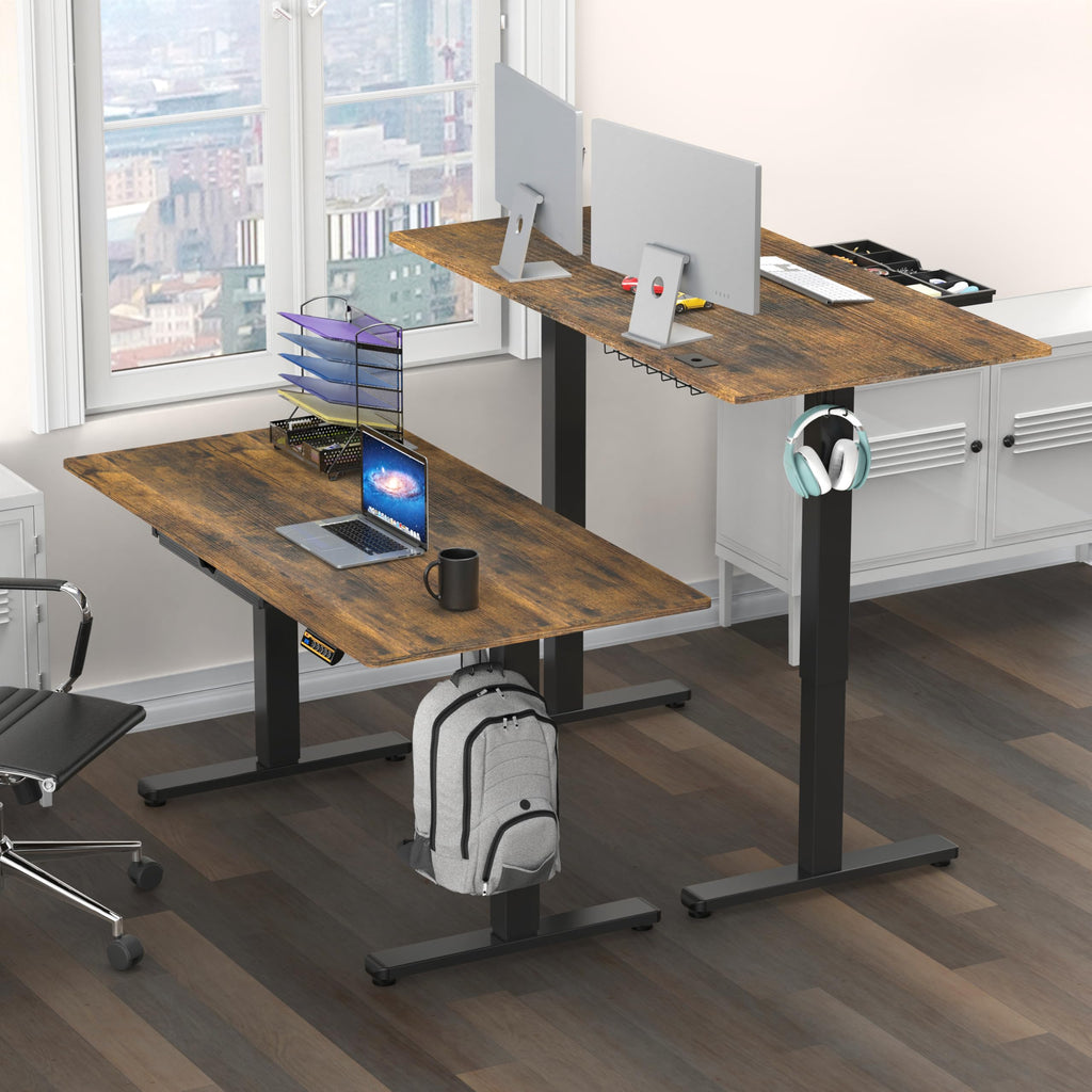 55 x 28 Inches Electric Height Adjustable Standing Desk with Drawer and Memory Preset, Rustic Brown