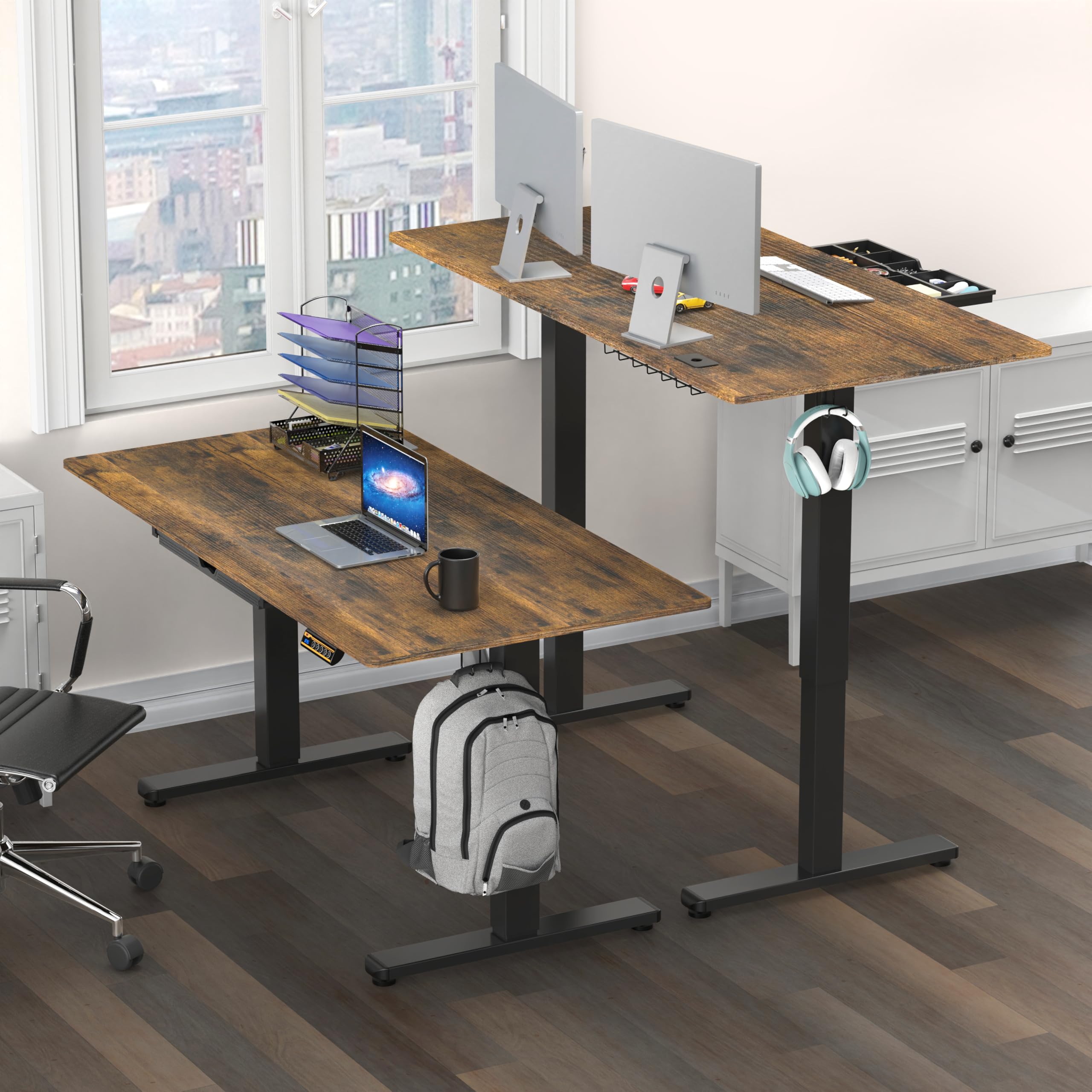 55 x 28 Inches Electric Height Adjustable Standing Desk with Drawer and Memory Preset, Rustic Brown