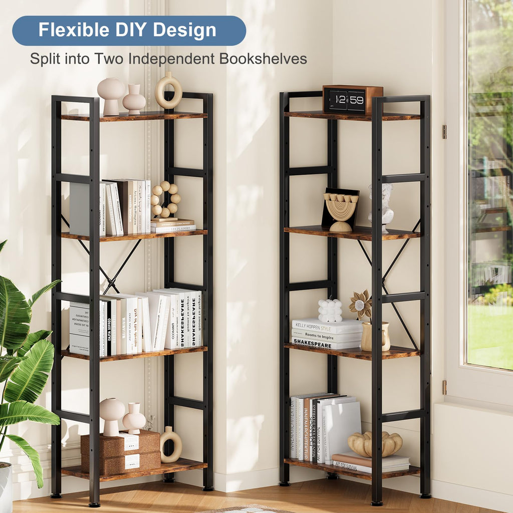 Triple Column 4 Tier Bookshelf, Wide Industrial Bookcase, Brown