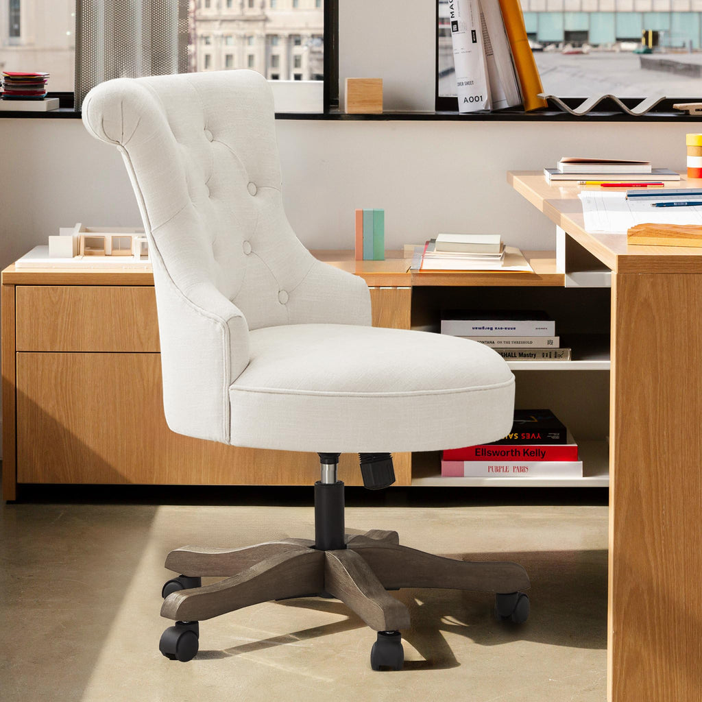 Home Office Chair Upholstered Armless Desk Chairs with Wheels Adjustable Height Computer Desk Chair with Wooden Legs Linen Comfortable Swivel for Home Office Study Studio (Beige)