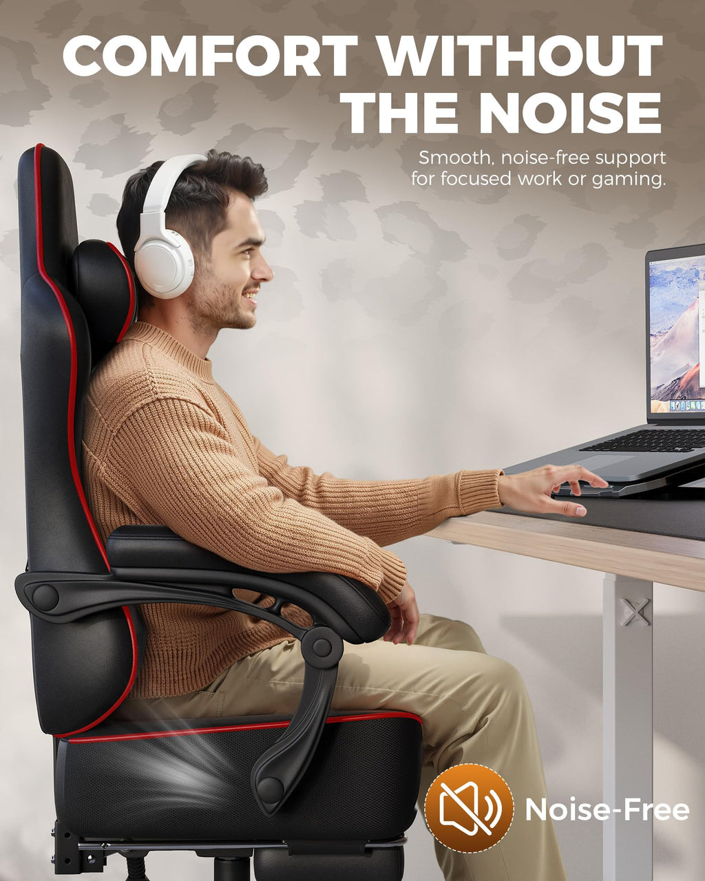 Gaming Chair, Computer Office Chair with Pocket Spring Cushion, Linkage Armrests, Comfortable Leather Computer Chair, Black & Red