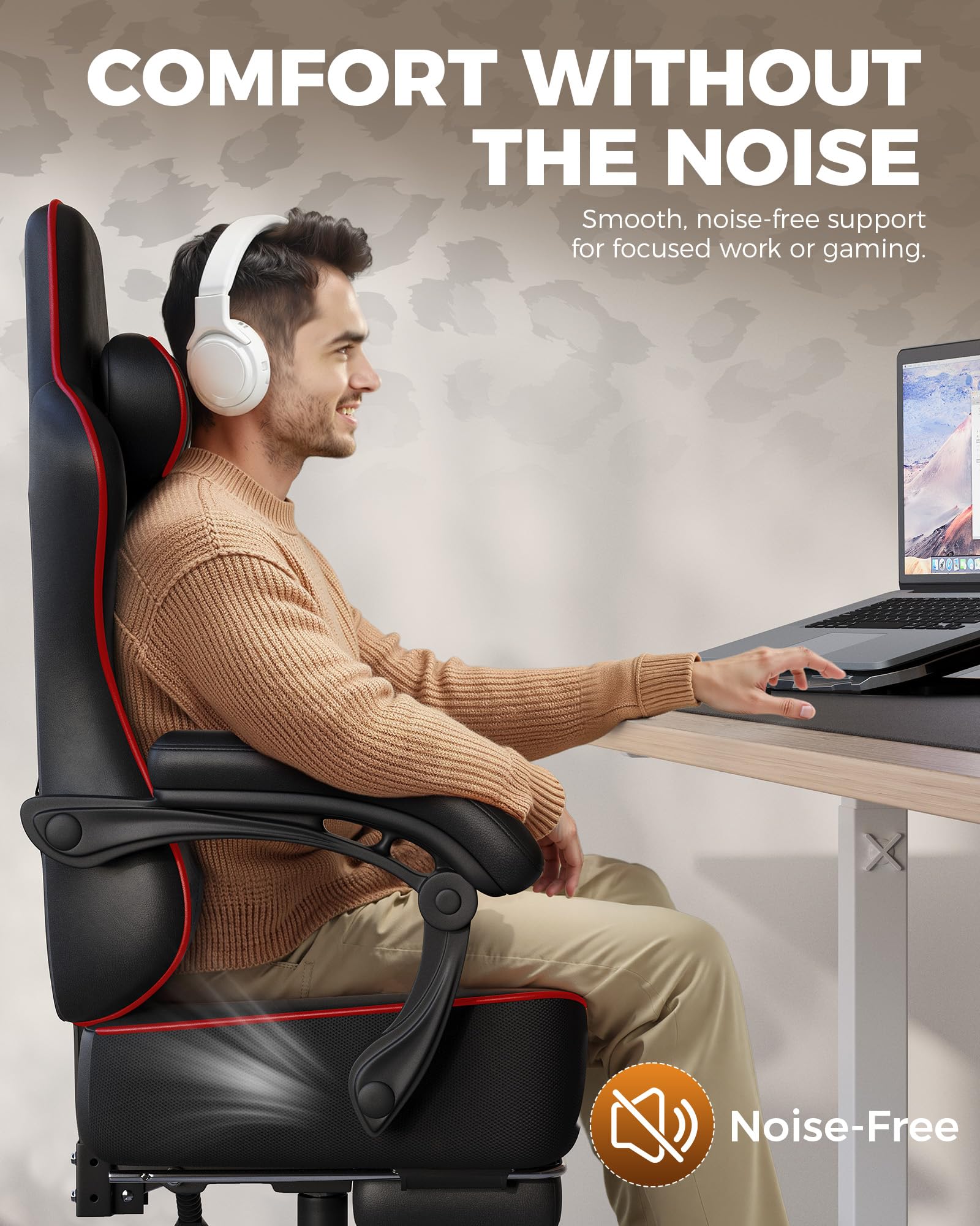Gaming Chair, Computer Office Chair with Pocket Spring Cushion, Linkage Armrests, Comfortable Leather Computer Chair, Black & Red
