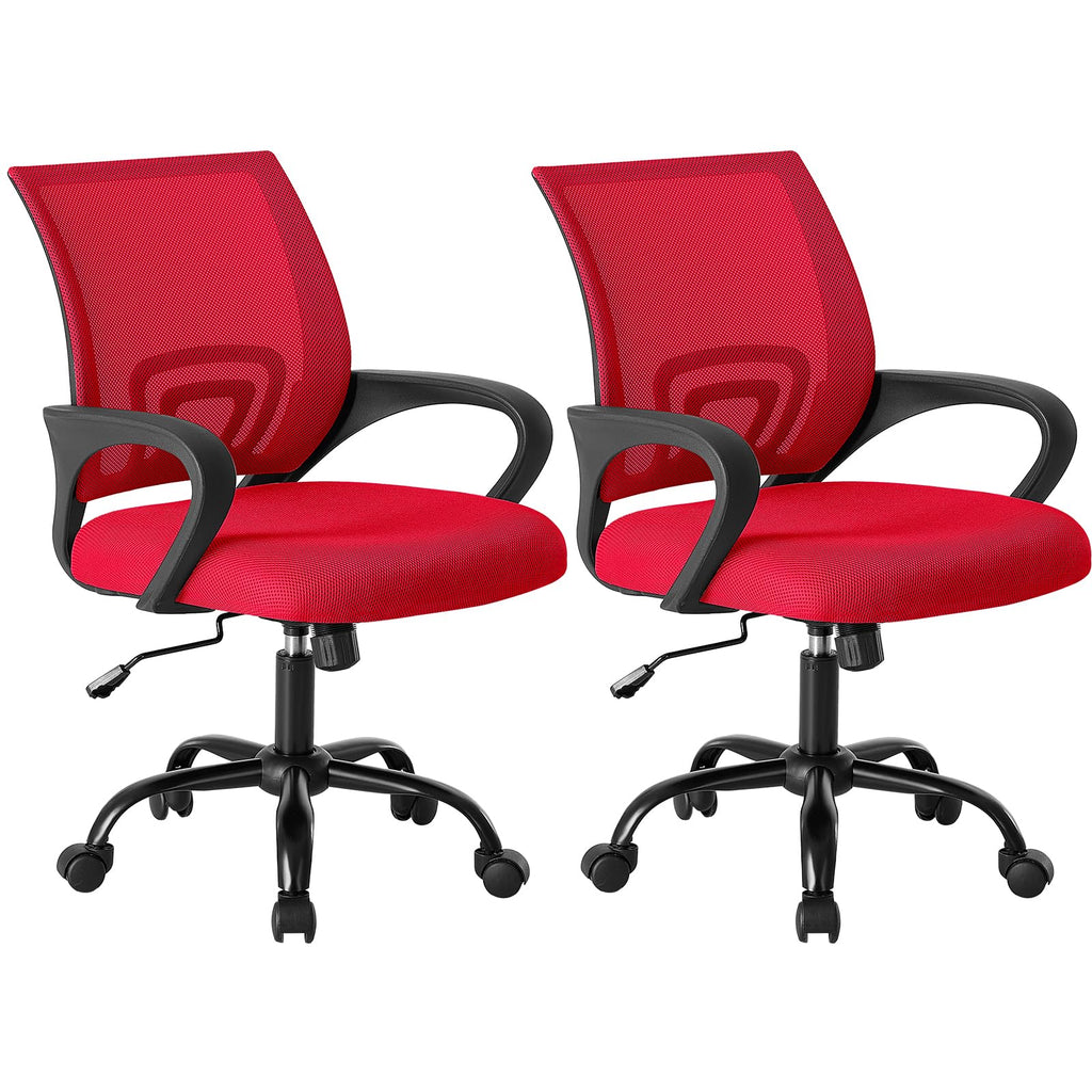 2 Pack, Office Desk Chair - Ergonomic Mid Back with Lumbar Support & Rocking Mode, Height Adjustable with Fixed Armrest, for Home, Computer, Gaming, Conference, Meeting Room, 360° Swivel, Red
