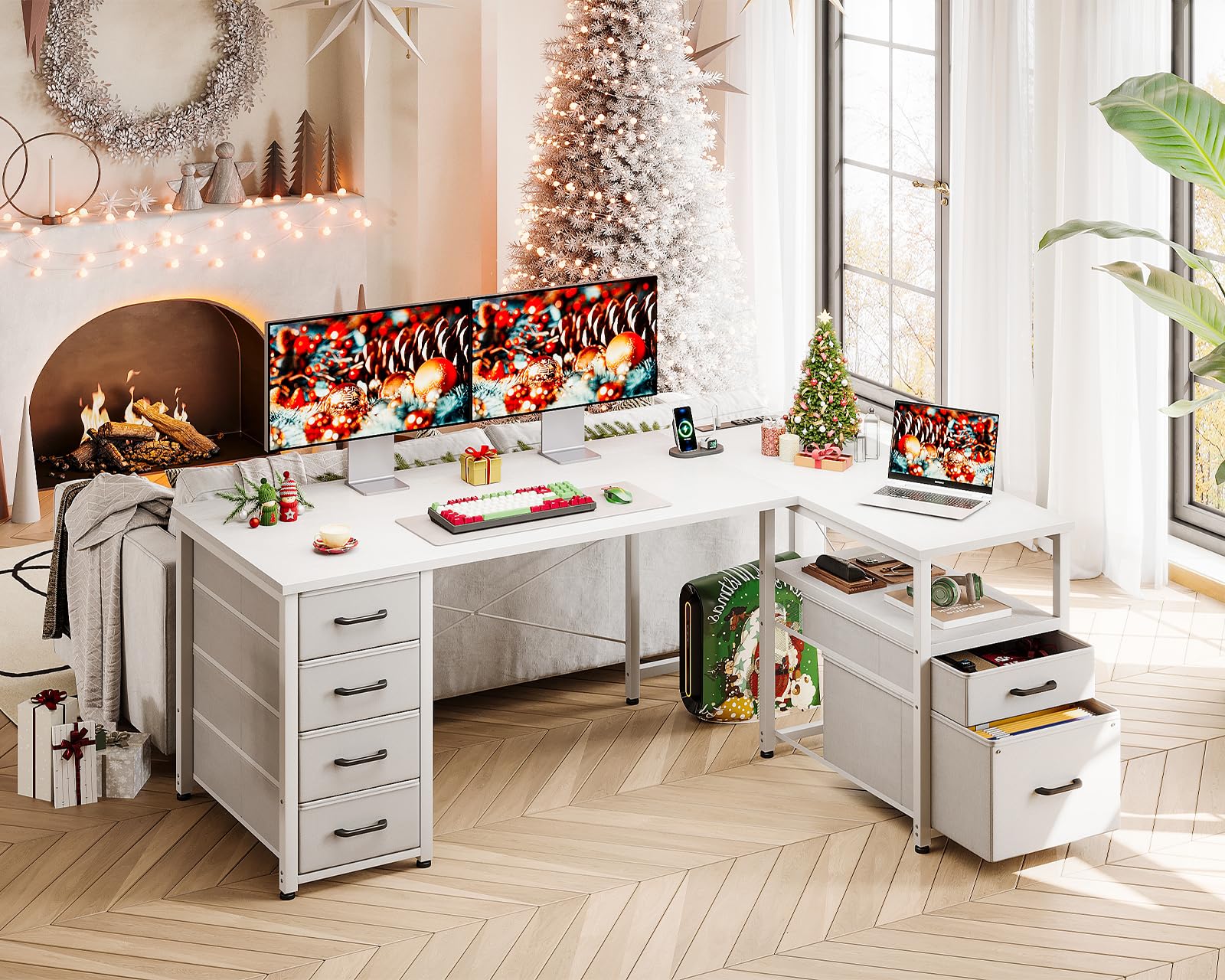 L Shaped Computer Desk with 6 Drawers & Power Outlet, 55 Inch Corner Desk with Reversible Storage Shelf & File Drawer, Home Office Desk, White