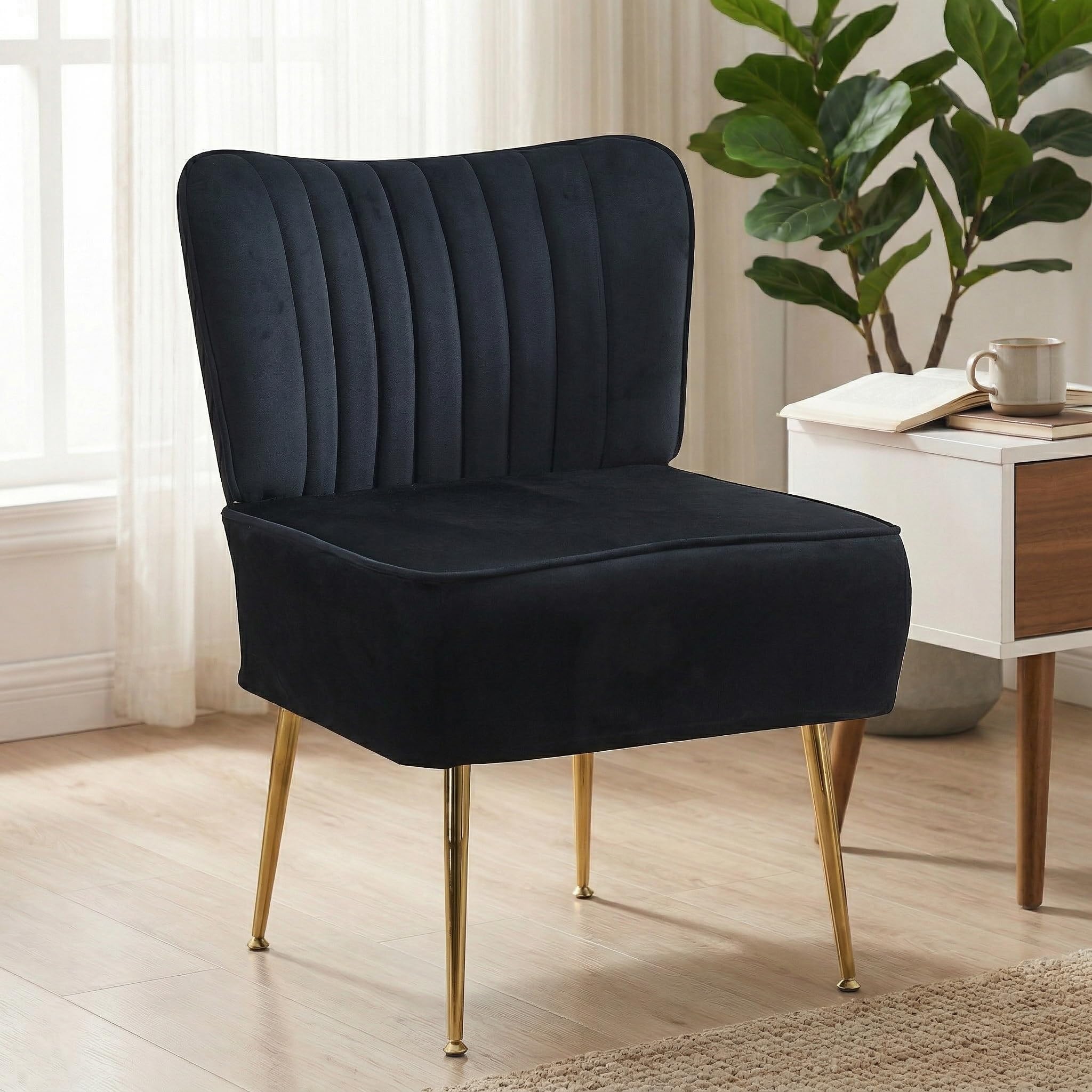Modern Velvet Accent Chair Single 1 Pack, Comfy Slipper Chair with Heavy Duty Iron Frame & Gold Legs, Mid Century Side Sofa Chair for Living Room Bedroom Vanity（Black）