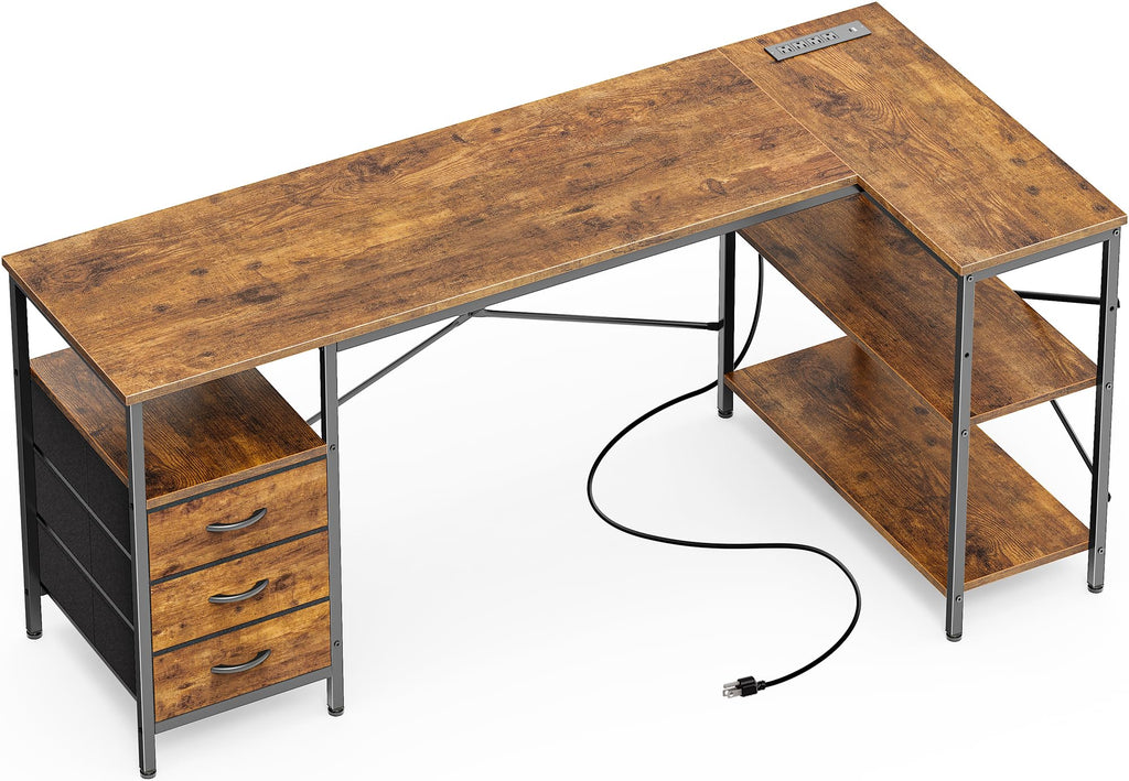 L Shaped Desk with Power Outlets, 63 Inch Reversible Computer Desk with 3 Drawers and Shelves, Home Office Table for Corner Work Study Writing Gaming, Rustic Brown
