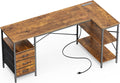 L Shaped Desk with Power Outlets, 63 Inch Reversible Computer Desk with 3 Drawers and Shelves, Home Office Table for Corner Work Study Writing Gaming, Rustic Brown