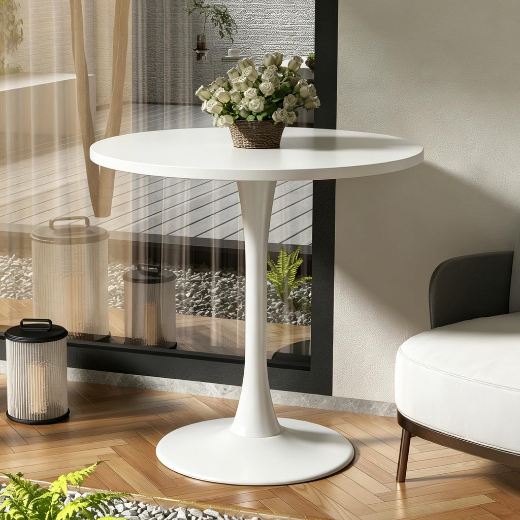 Kasinali Round Dining Table 30" Circle Tulip Table with Wood Thickened Tabletop & Sturdy Metal Pedestal Mid Century Modern Leisure Bistro Kitchen Tables 4 People Small Places Living Room Cafe,White