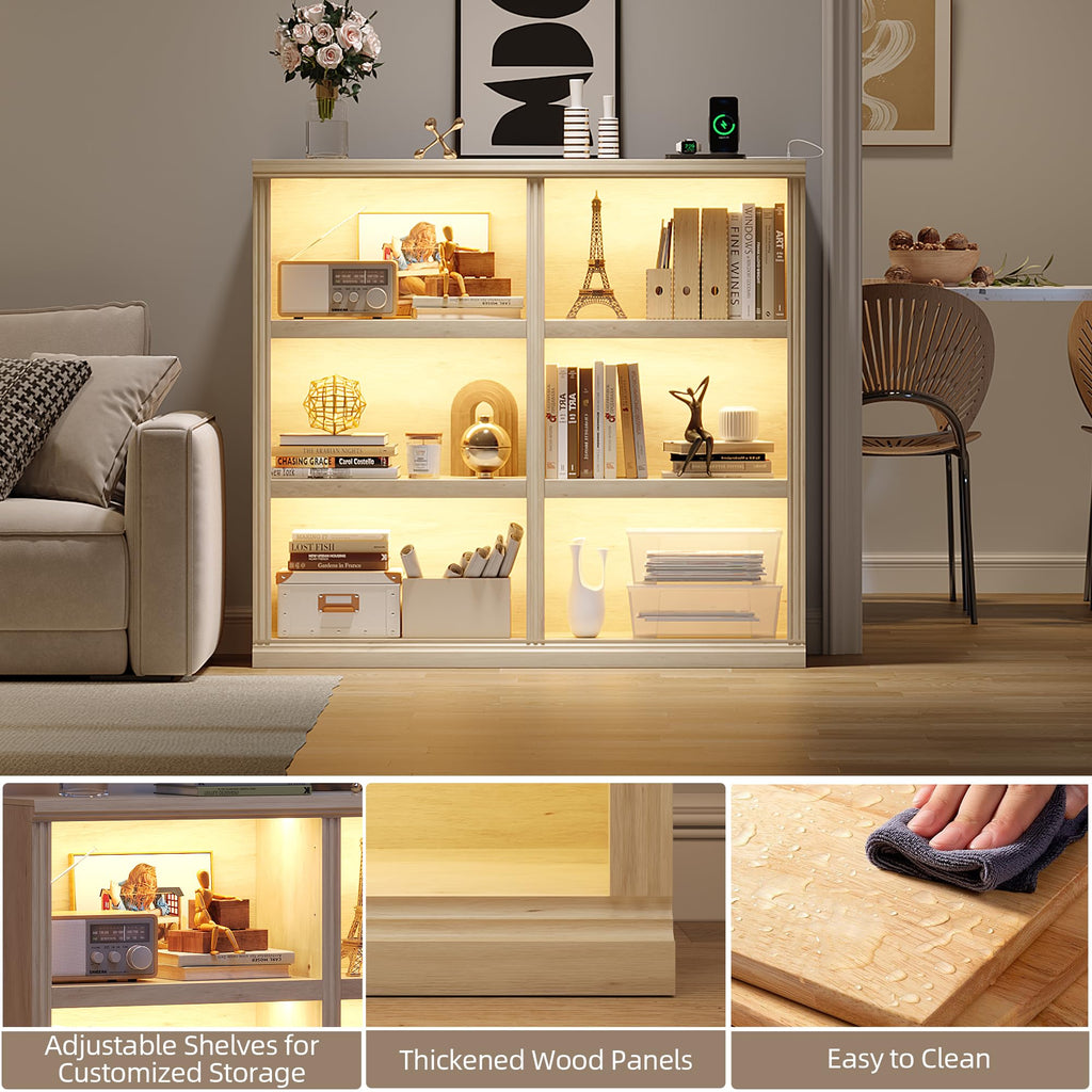 6-Cube LED Bookshelf with Motion Sensor and USB Type-C - Natural Wood