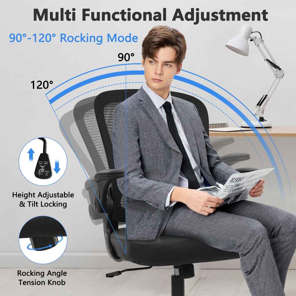 Desk Chairs with Wheels, Ergonomic Mesh Back PU Leather Seat Home Office Adjustable Lumbar Support and Height Swivel Rolling Computer Task Chair with Flip Up Arms for Conference, Black, 2PK