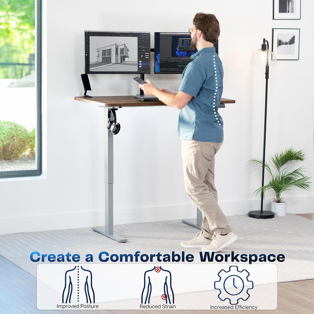 Electric 48 x 30 in Rustic Standing Desk, Memory Height Adjustment, 1B Series, Holds 220 lbs, One-Piece Vintage Brown Top, Gray Frame