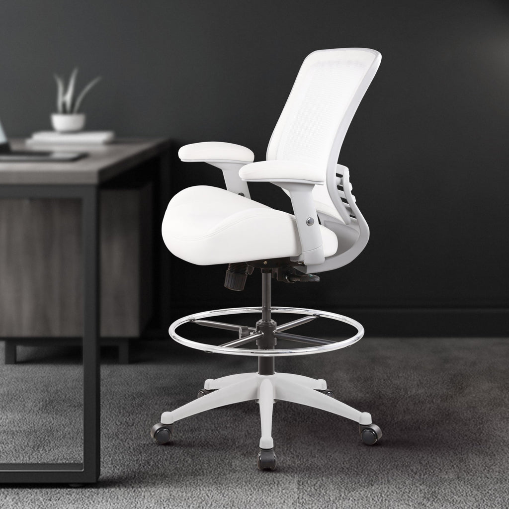 400lbs Mesh Ergonomic Office Drafting Chair Big Adjustable Foot Ring Height Adjustable Armrest (Wht)