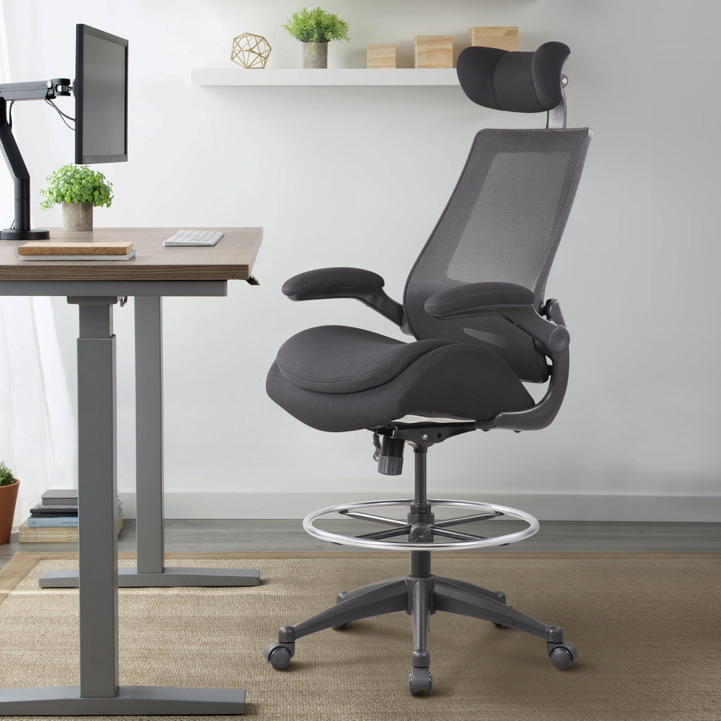 Drafting Chair 400lbs - High Back Ergonomic Office Chair for Standing Desk with Double Thick Seat Cushion, Adjustable Foot Ring, Lumbar Support & Flip Up Armrests (Black)