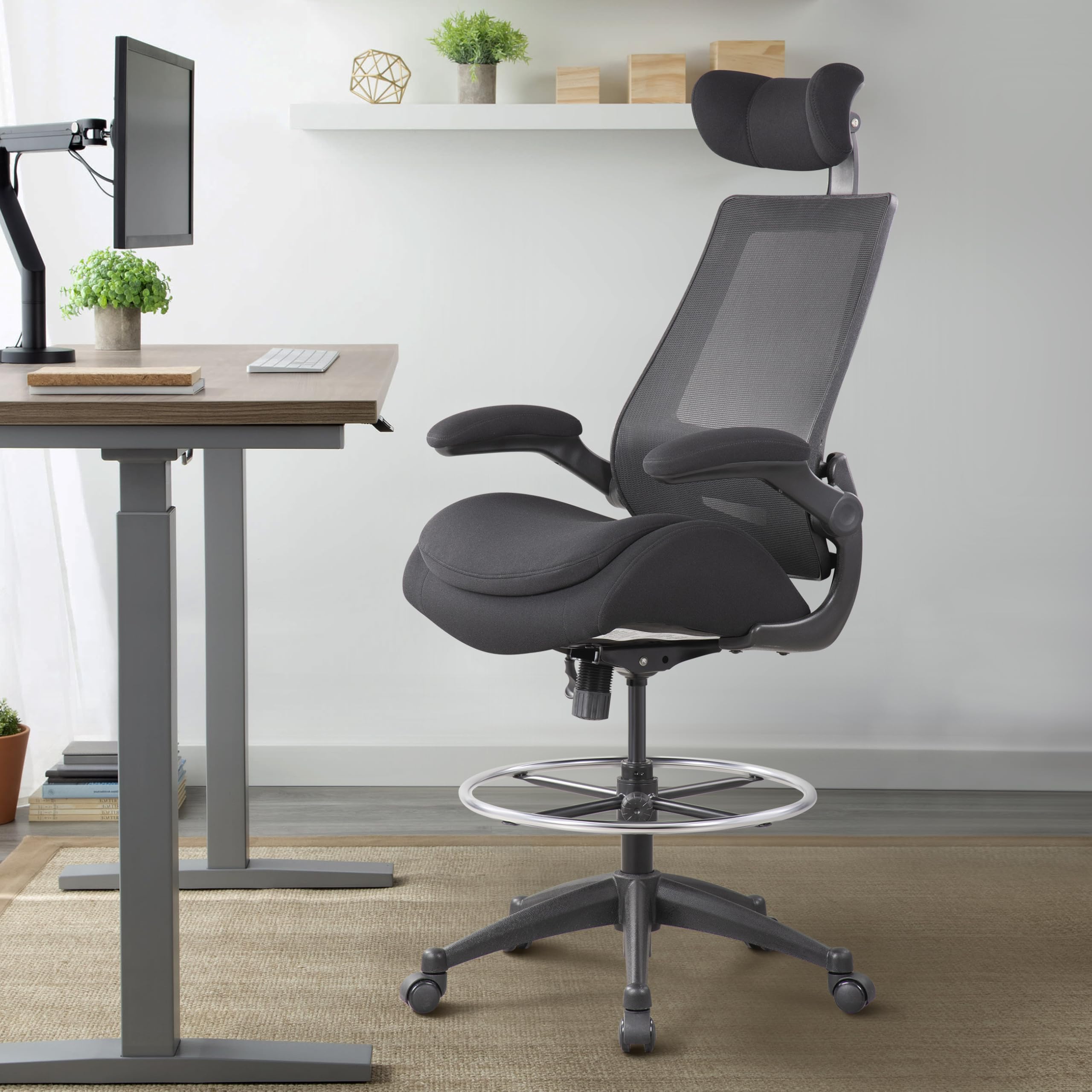 Drafting Chair 400lbs - High Back Ergonomic Office Chair for Standing Desk with Double Thick Seat Cushion, Adjustable Foot Ring, Lumbar Support & Flip Up Armrests (Black)