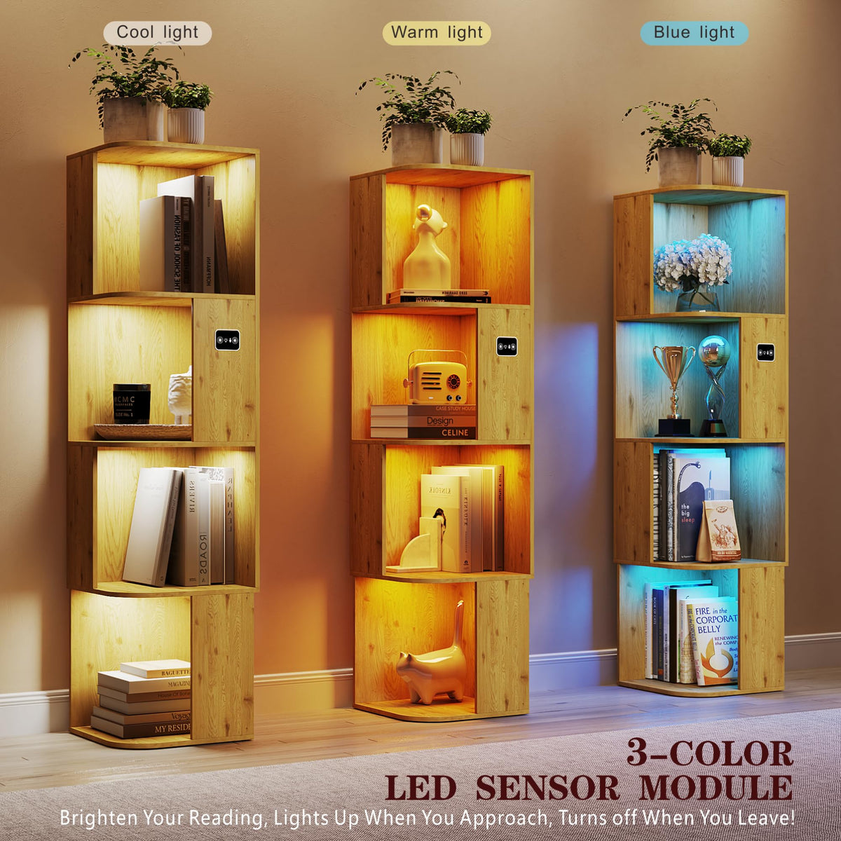 Corner Bookcase with 4 Shelves and 3-Color LED Sensor Lights - Wood