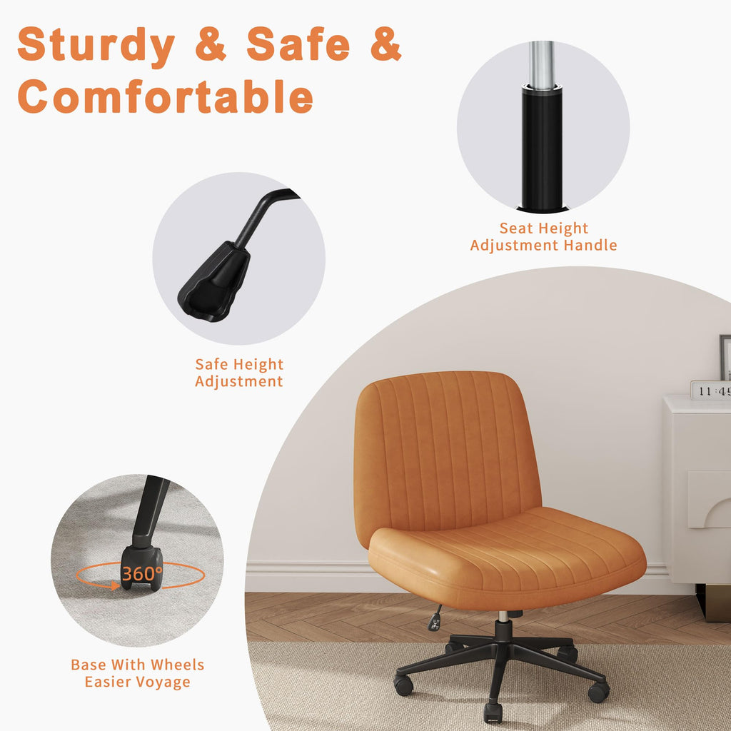 Criss Cross Chair,Cross Legged Office Seat with Wheels Armless Swivel Vanity Chair,Height Adjustable Wide Computer Task Seating for Home Office,PU Leather,Orange