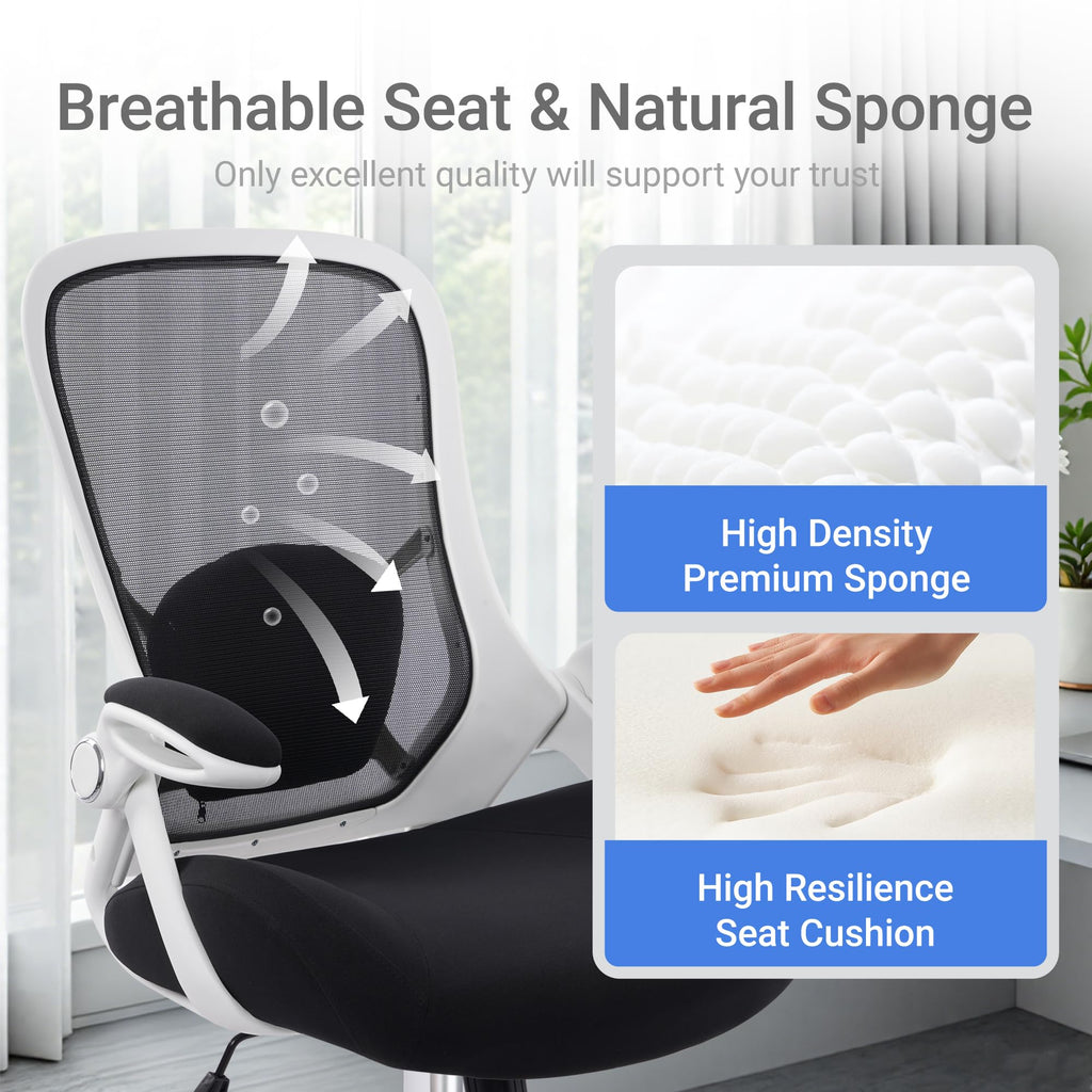 400lbs Heavy Duty Office Chair, 5" Thickened Seat Ergonomic Desk Chair with Adjustable Armrests, Home Office Computer Chairs for Long Hours Mesh Executive Chair(White Base&Black)