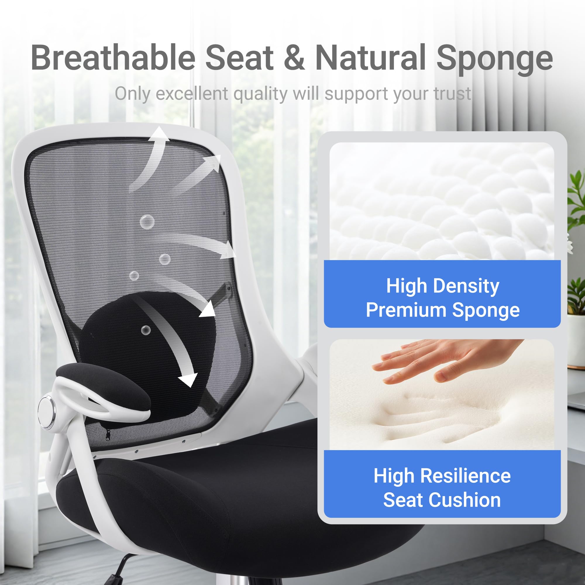 400lbs Heavy Duty Office Chair, 5" Thickened Seat Ergonomic Desk Chair with Adjustable Armrests, Home Office Computer Chairs for Long Hours Mesh Executive Chair(White Base&Black)
