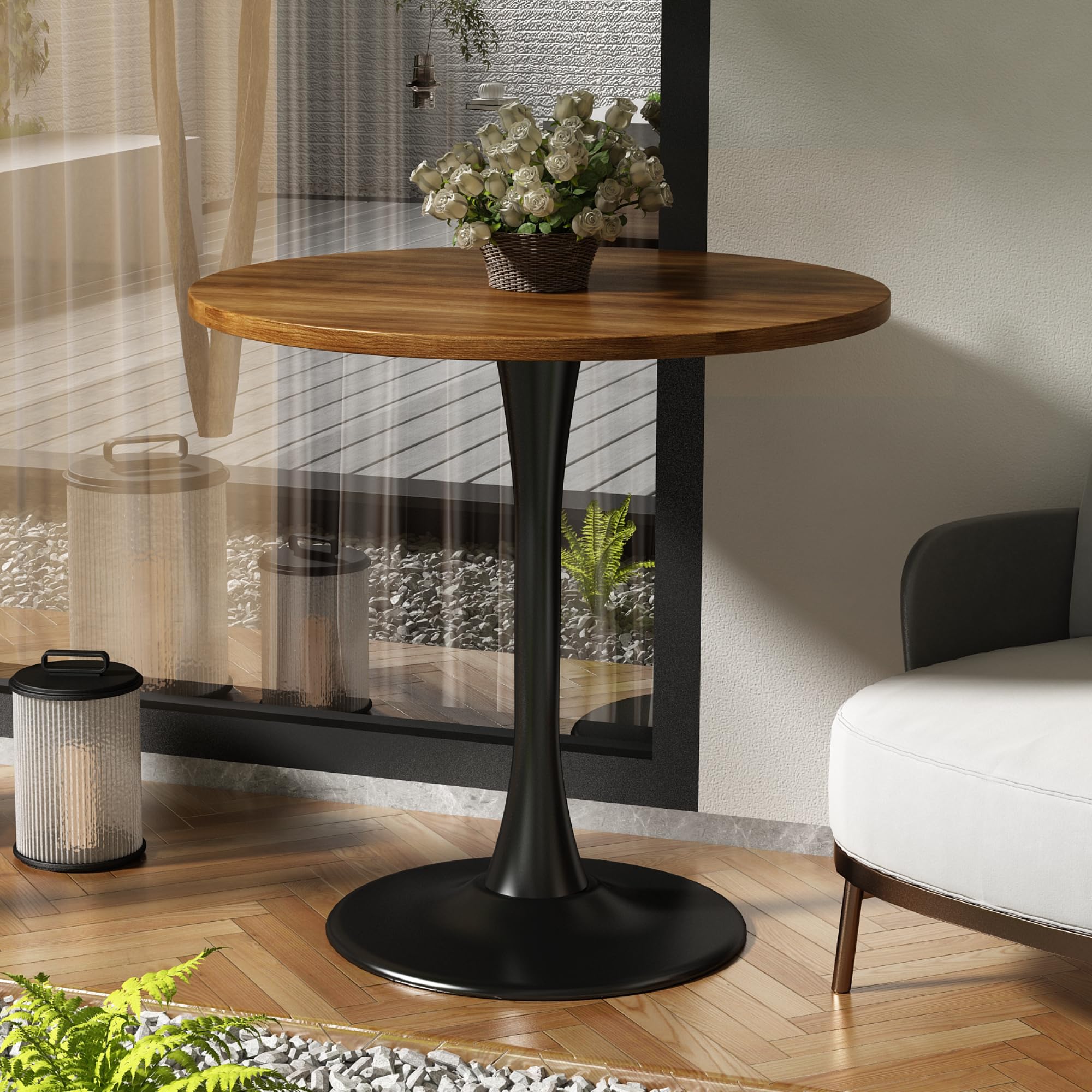 Kasinali Round Dining Table 30" Circle Tulip Table with Wood Thickened Tabletop & Sturdy Metal Pedestal Mid Century Modern Farmhouse Kitchen Tables for 4 Small Places Living Room Cafe,Somber Walnut