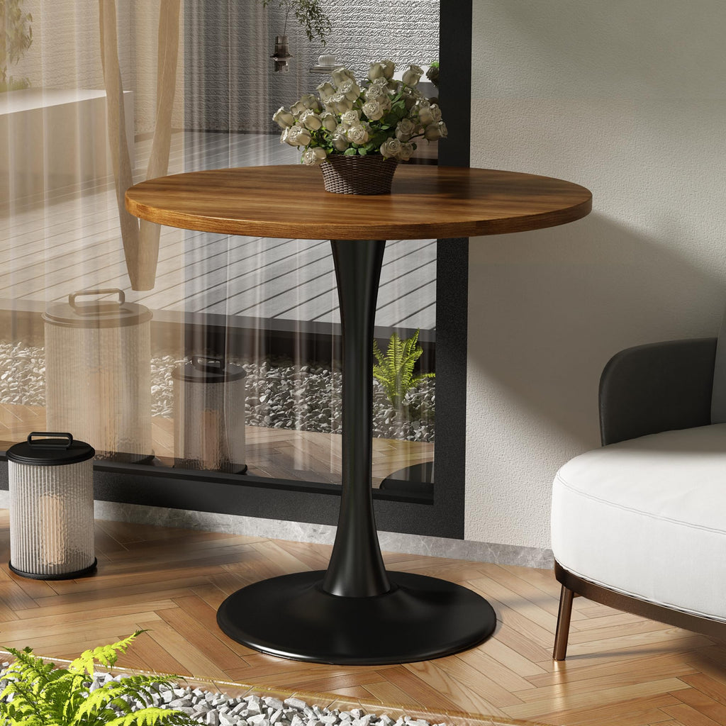 Kasinali Round Dining Table 30" Circle Tulip Table with Wood Thickened Tabletop & Sturdy Metal Pedestal Mid Century Modern Farmhouse Kitchen Tables for 4 Small Places Living Room Cafe,Somber Walnut