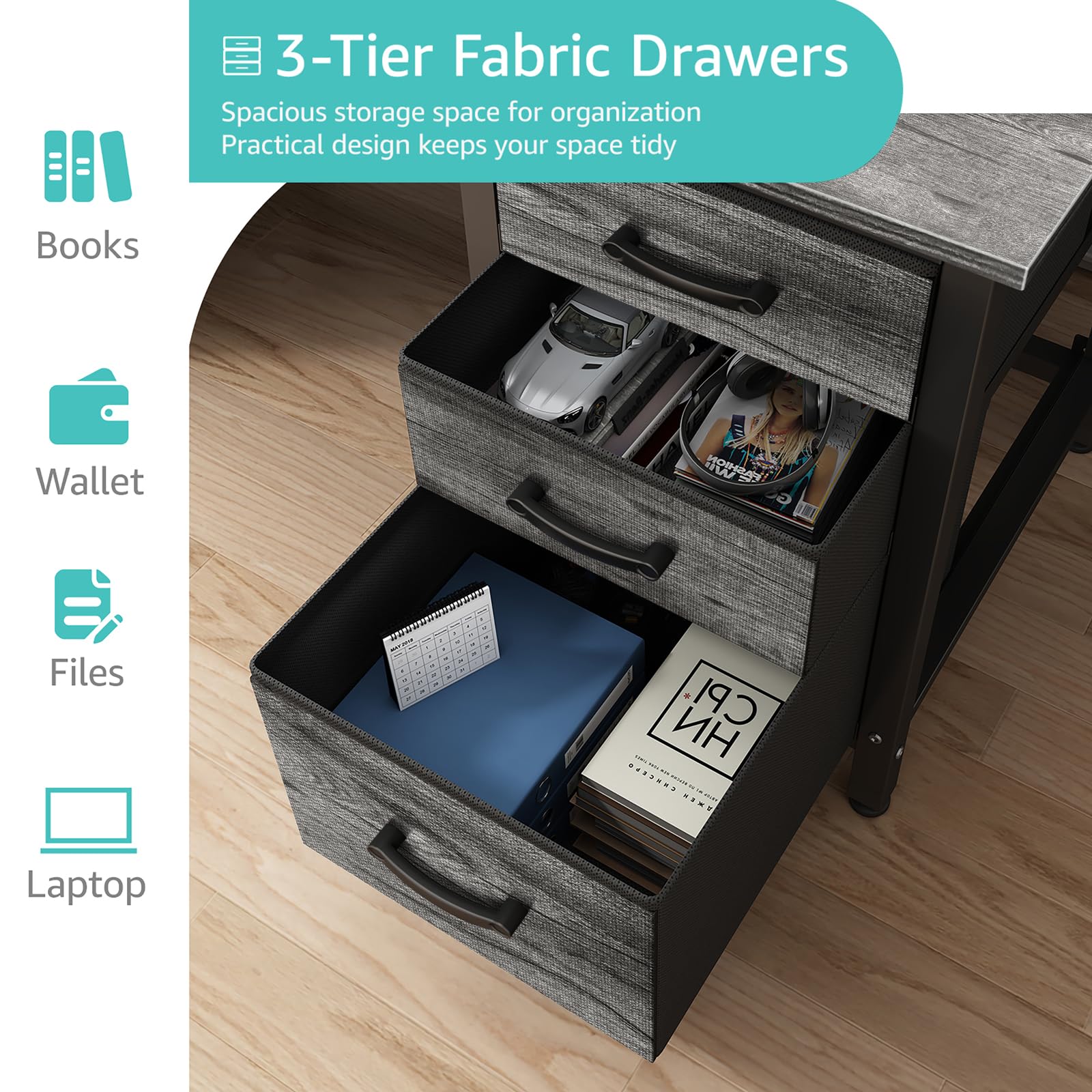 Computer Desk with File Drawers Cabinet, 47 Inch Home Office Desks with Filing Cabinet for Small Space, Gaming Study Writing Table PC Desks, Gray