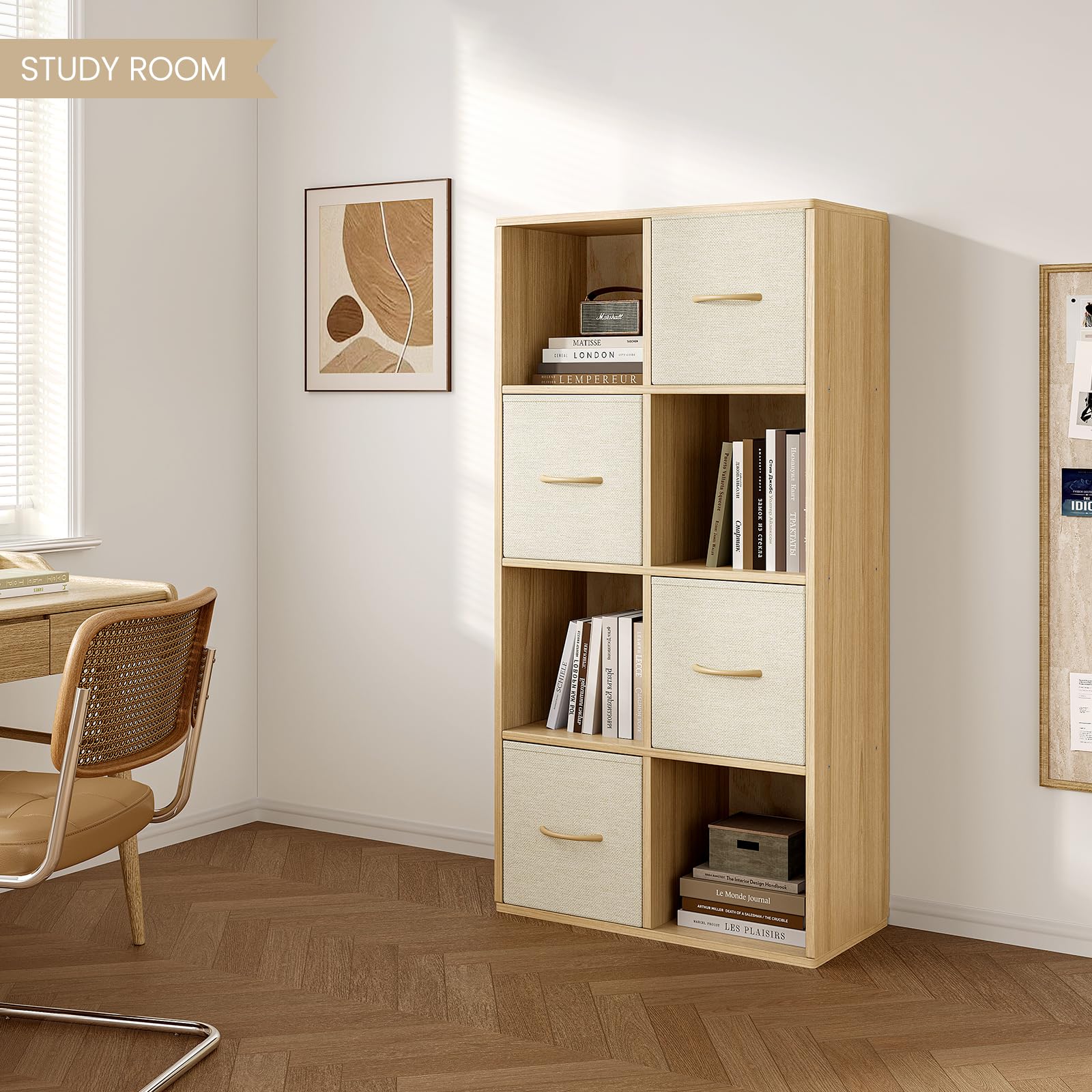8 Cube Storage Organizer - Solid Wood Bookshelf with 4 Storage Bins, Cube Shelf with 2 Removable Back Panels, Vertical or Horizontal Bookcase, Open Book Shelf for Bedroom, Living Room, Office