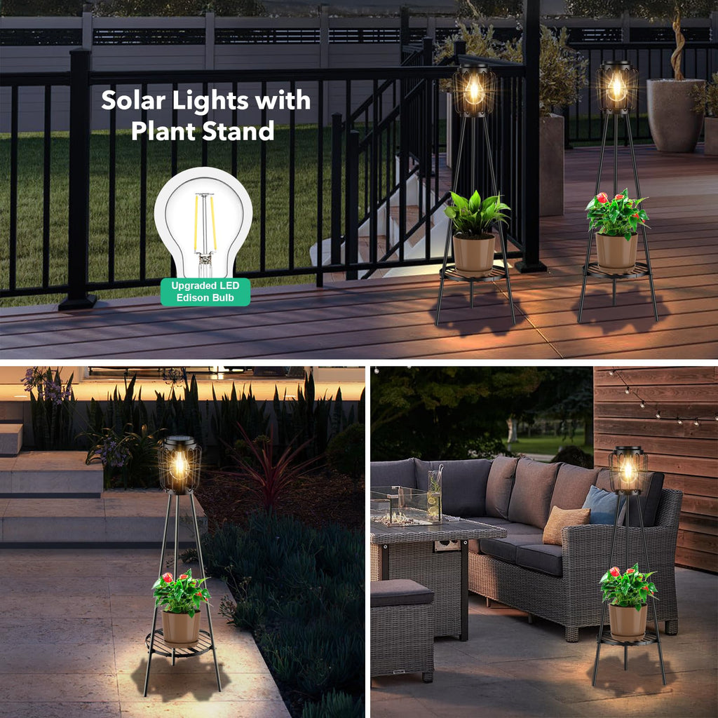 Solar Lights with Plant Stand, Outdoor Floor Lamp, Waterproof Solar LED Edison Bulb Light Flower Shelf for Patio Porch Deck Yard Garden Decor-1 Pack