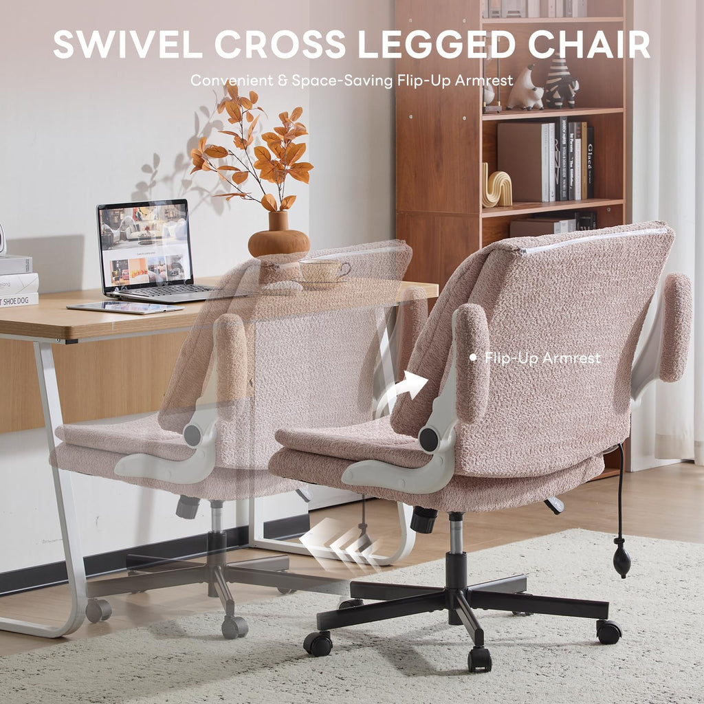 Criss Cross Office Chair with 2 in 1 Inflatable Flip-up Back, Ergonomic Wide Seat Desk Chair with Adjustable Arms and Wheels, Cross Legged Office Chair for Home & Office, Pink