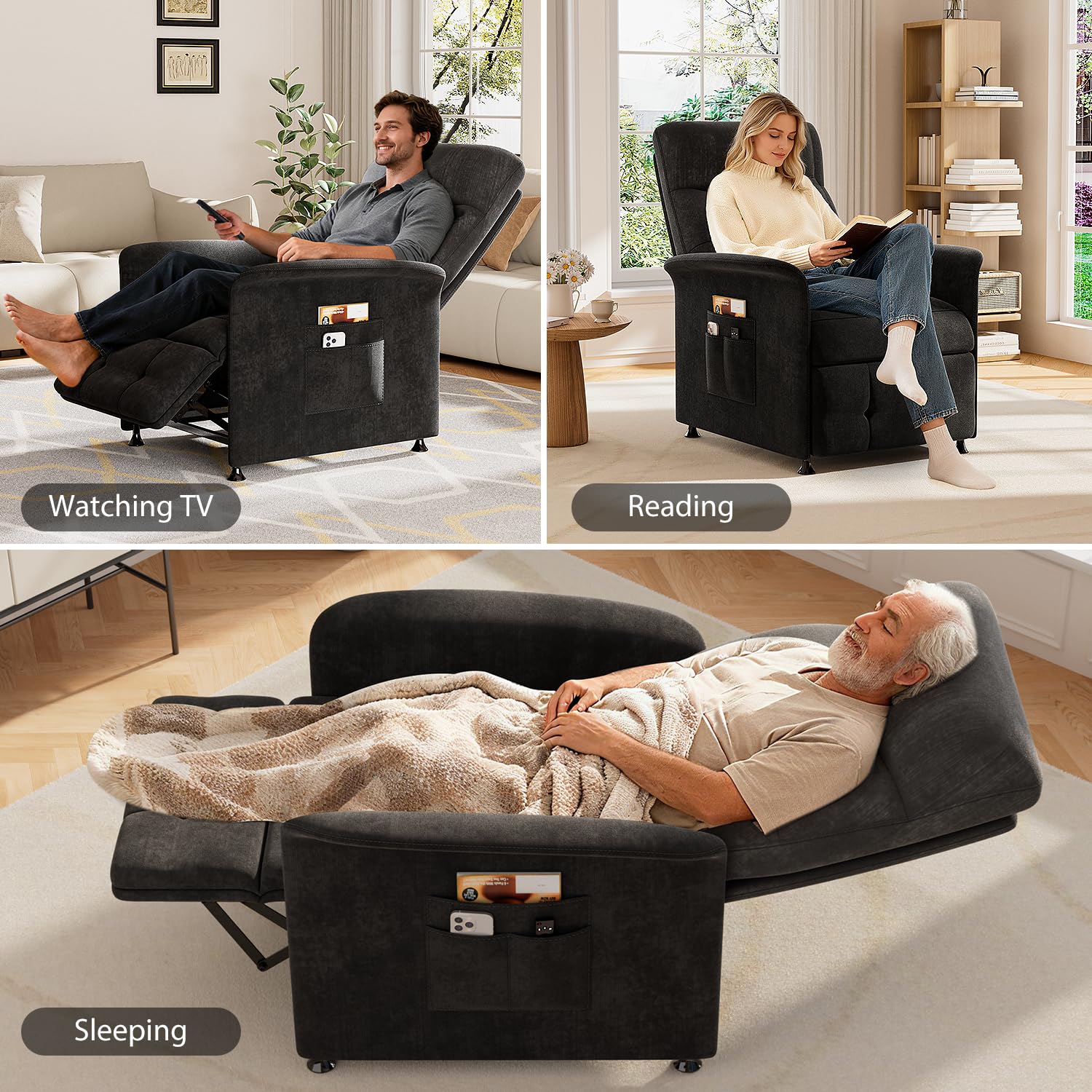 Power Recliner Chair for Adults with Heat & Massage - Soft Fabric Electric Reclining Sofa with Remote Control, 3 Side Pockets, 180° Lay Sleeper for Home Theater Living Room, Black