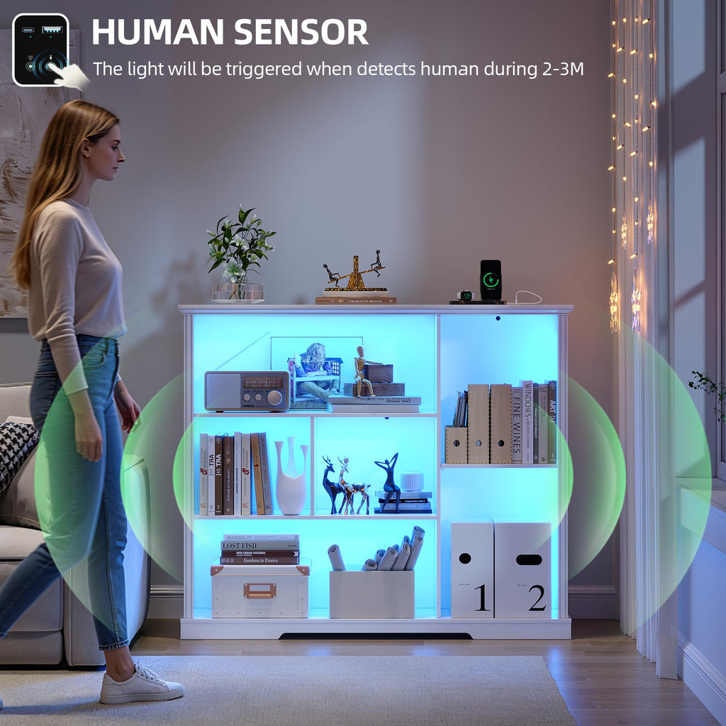 LED Bookcase with 3 Tiers, Motion Sensor and USB Charging - White