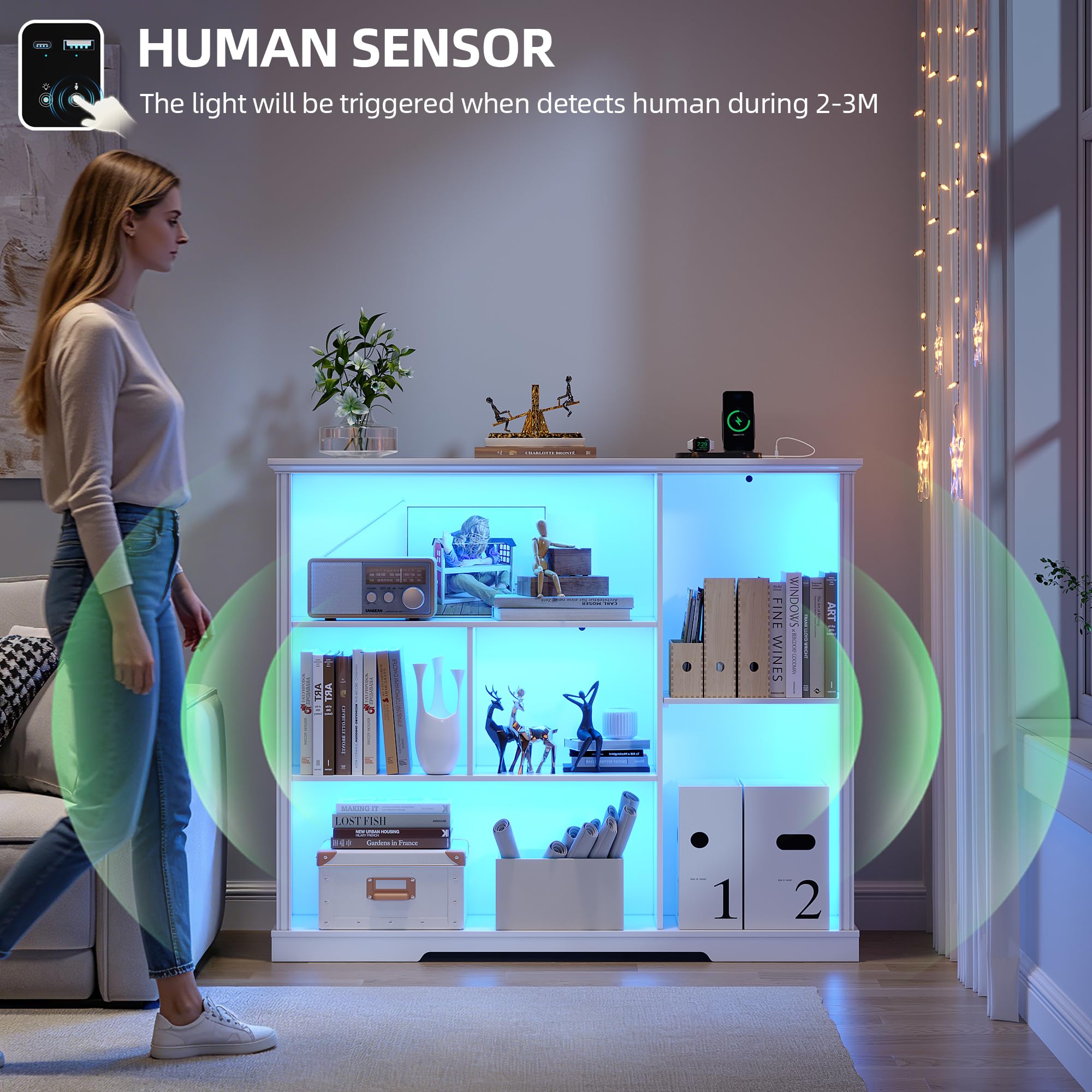 LED Bookcase with 3 Tiers, Motion Sensor and USB Charging - White