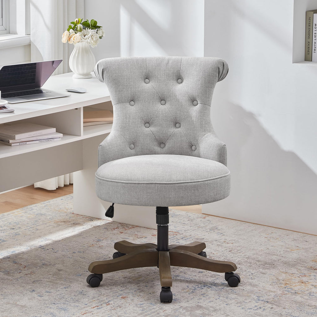 Home Office Chair Upholstered Armless Desk Chair with Wheels Adjustable Height Computer Desk Chair with Wooden Legs Linen Comfortable Swivel Chairs for Home Office Study Studio (Light Grey)
