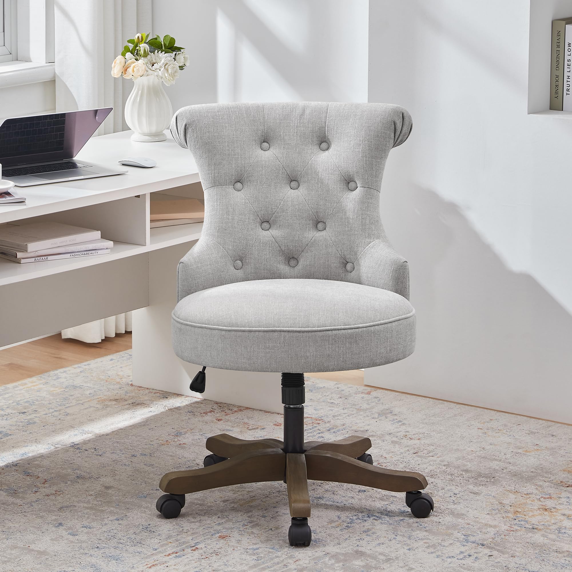 Home Office Chair Upholstered Armless Desk Chair with Wheels Adjustable Height Computer Desk Chair with Wooden Legs Linen Comfortable Swivel Chairs for Home Office Study Studio (Light Grey)