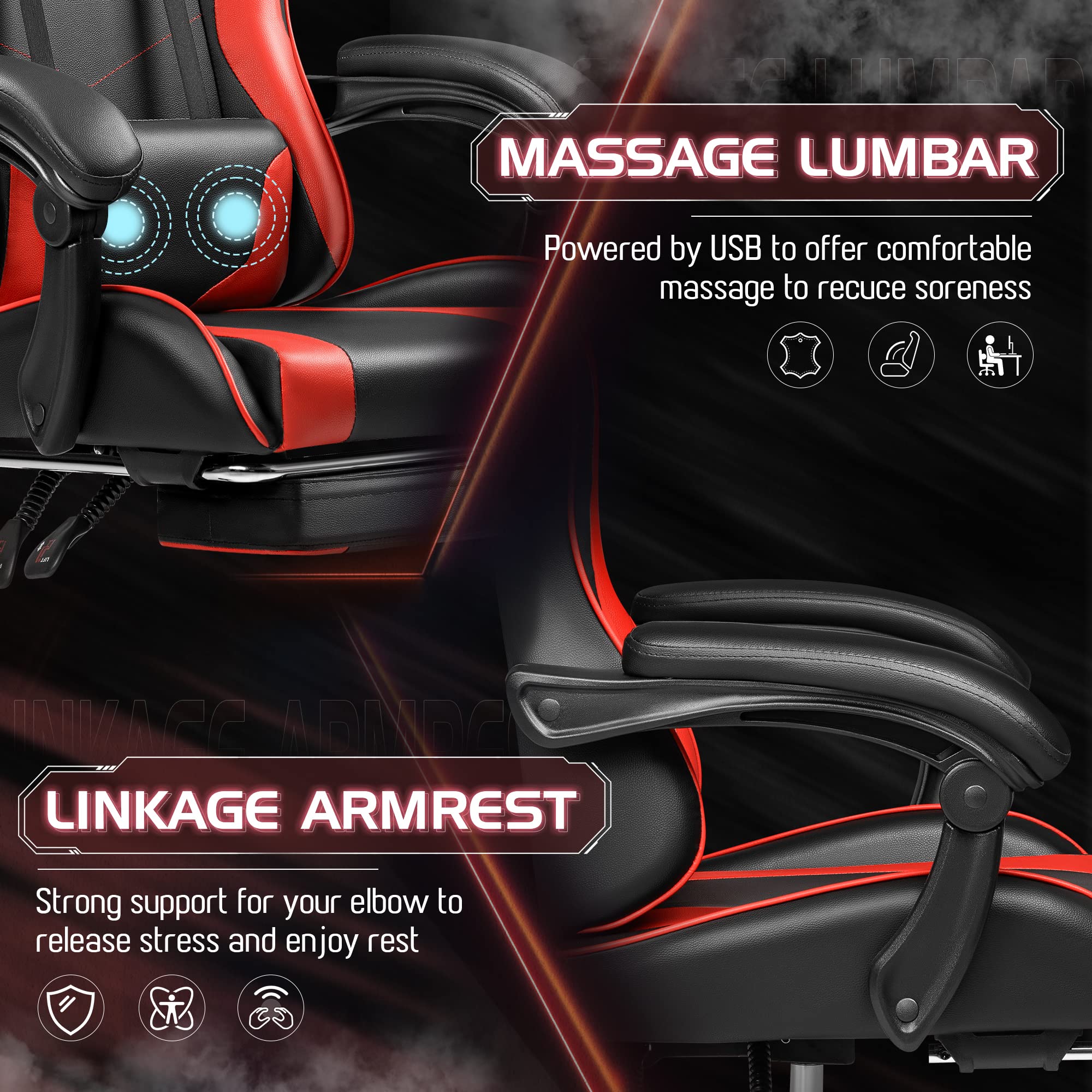 Gaming Chair, Video Game Chair with Footrest and Massage Lumbar Support, Ergonomic Computer Chair Height Adjustable with Swivel Seat and Headrest (Red)