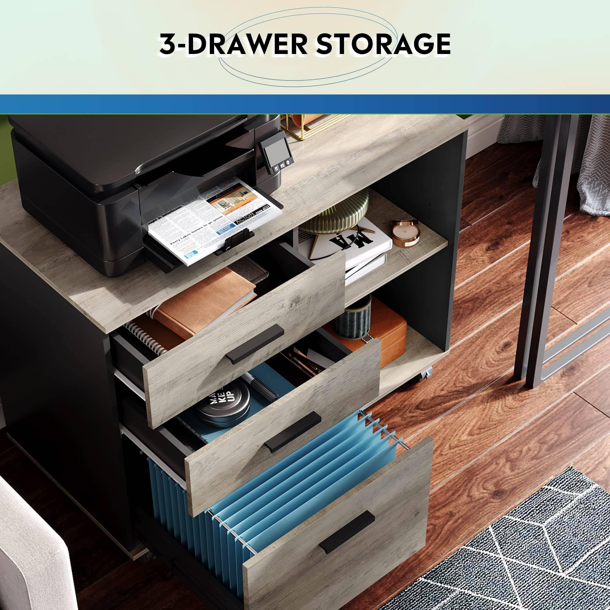 3-Drawer Mobile File Cabinet, Lateral Filing Cabinet, Greige