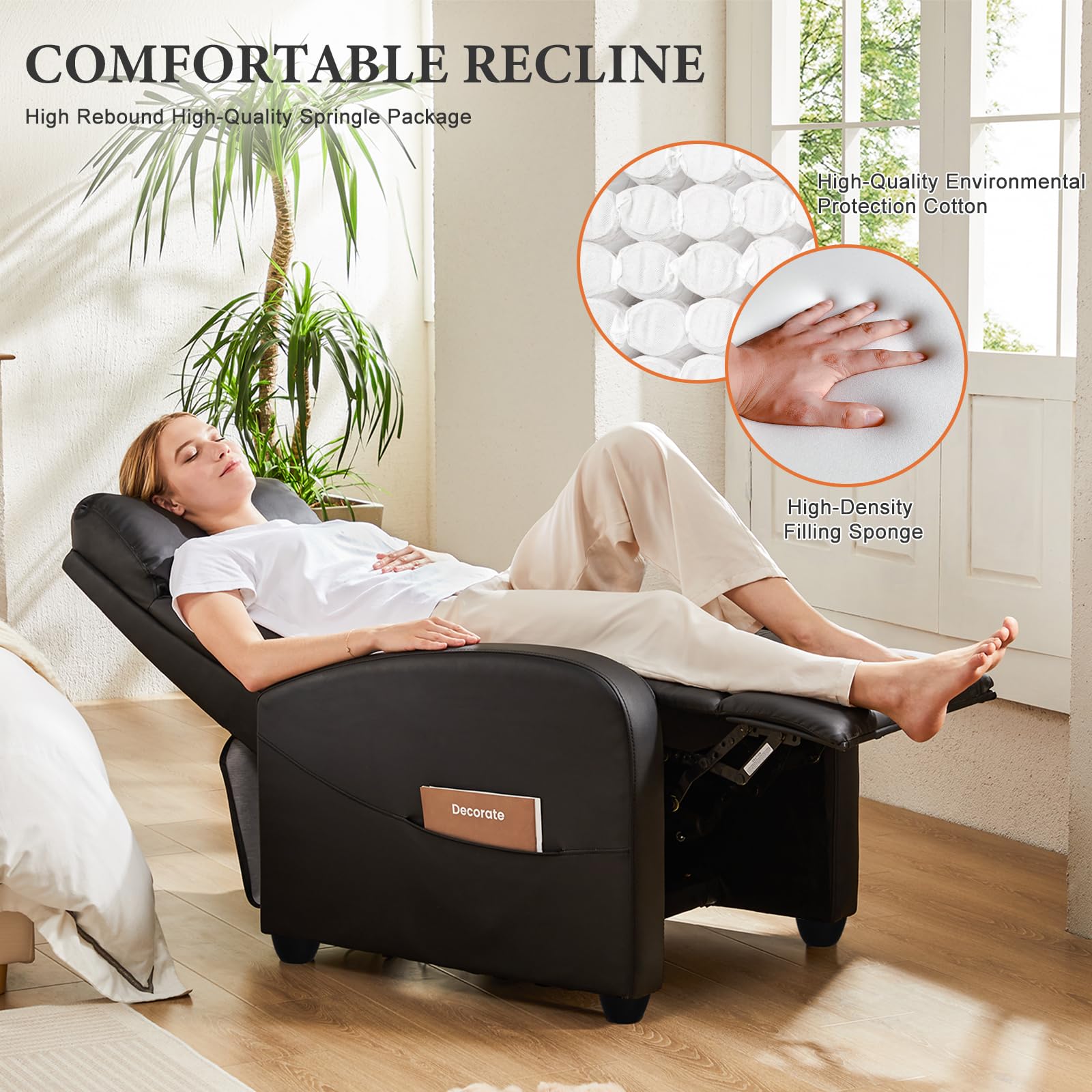 Massage Recliner Chair for Adults, Adjustable Home Theater Seating with Lumbar Support for Living Room, Modern Fabric Reclining for Small Space, Black